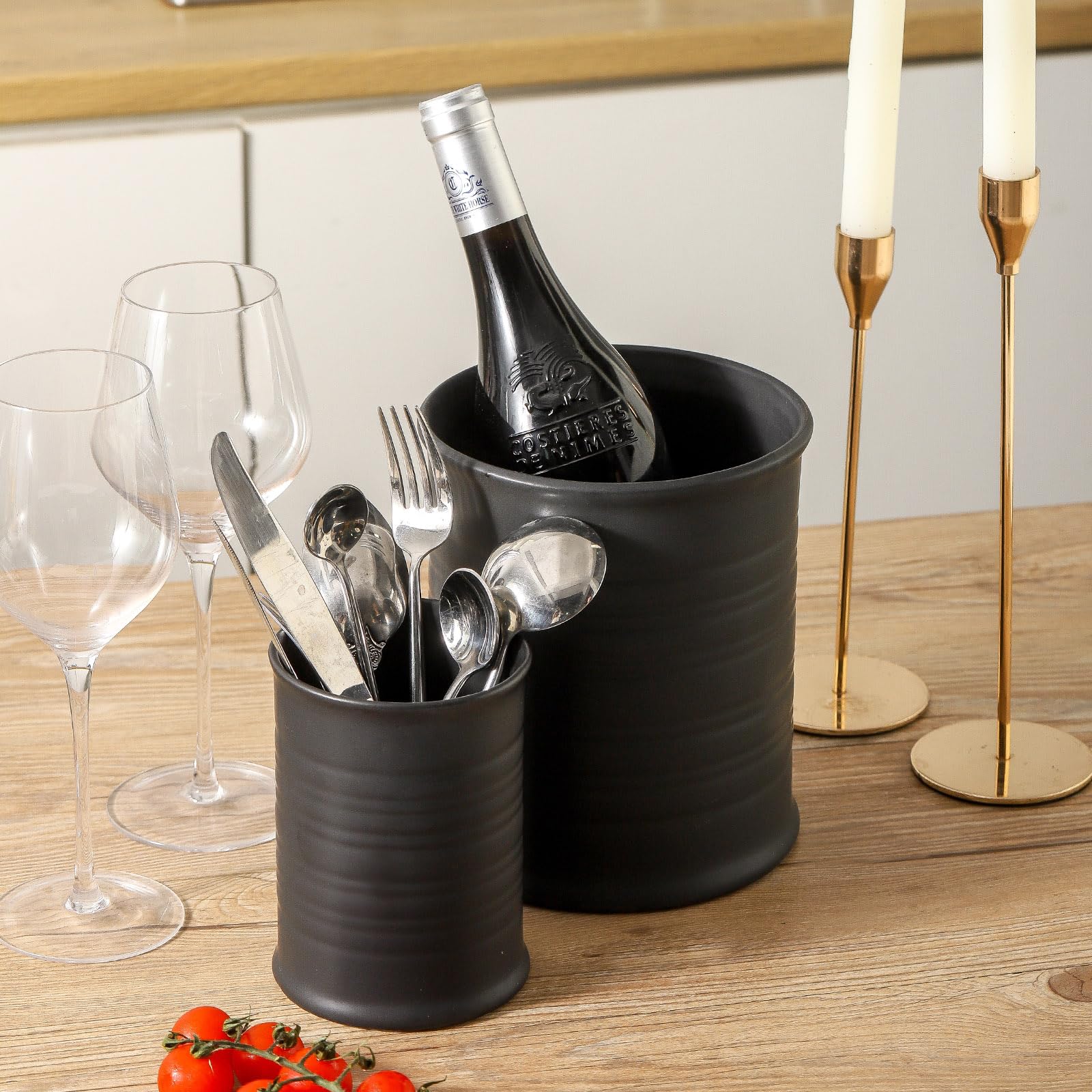 Nihow Utensilienhalter: 18,3 cm + 16,3 cm Keramik-Küchenutensilienhalter für Arbeitsplatte, große Kochutensilien-Töpfe für die Küchentheke, moderner Utensilien-Organizer für Spatel, 2er-Set, elegantes