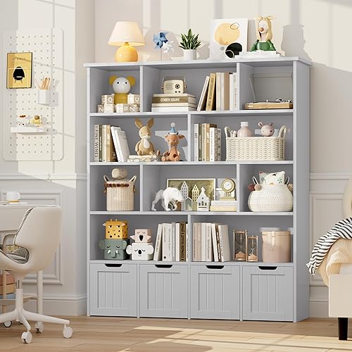 FINETONES Organizador de almacenamiento de juguetes de 5 niveles, estantería para niños de 57.5 pulgadas de alto con 4 cajones móviles y 10