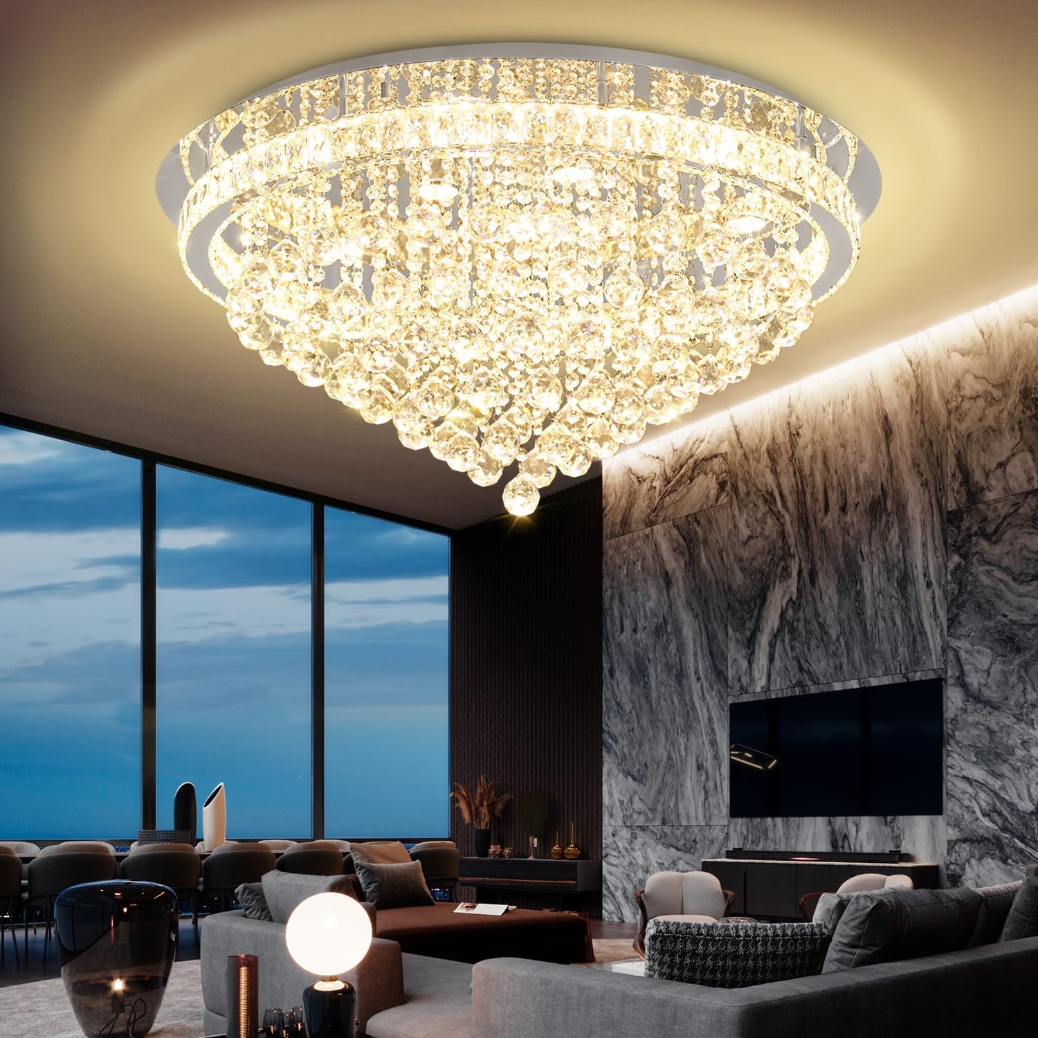 Dia 32" Modern Crystal Chandeliers for Dining Room,Silver Raindrop Chandelier Flush Mount Chandeliers for Living Room Bedrooms Dining Room Dimmable 2700k 4500k 6000k