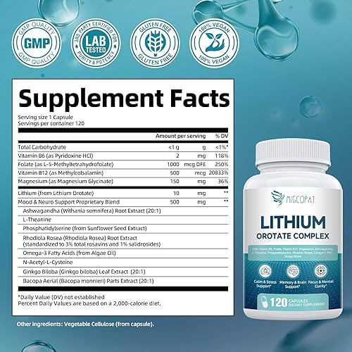 Miniatura 2 de Complejo de orrotato de litio  Glicinato de magnesio, orotato de litio 10 mg, Ashwagandha, NAC y Omega-3  Suplementos de litio para la salud