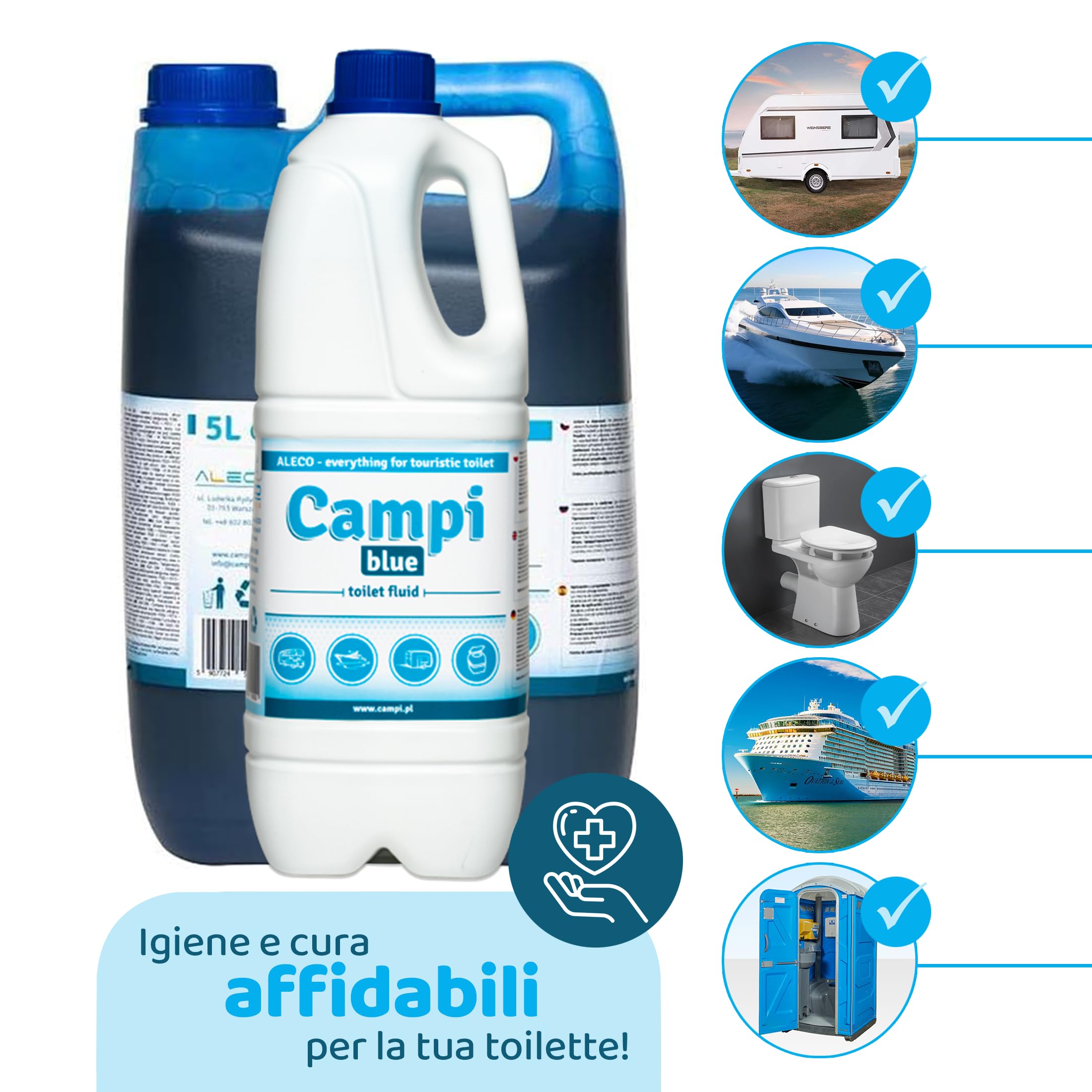 CAMPI Blue 5L - Liquido sanitario e additivo per toilette da campeggio – Chimico WC per toilette – Per serbatoio di scarico di camper e roulotte