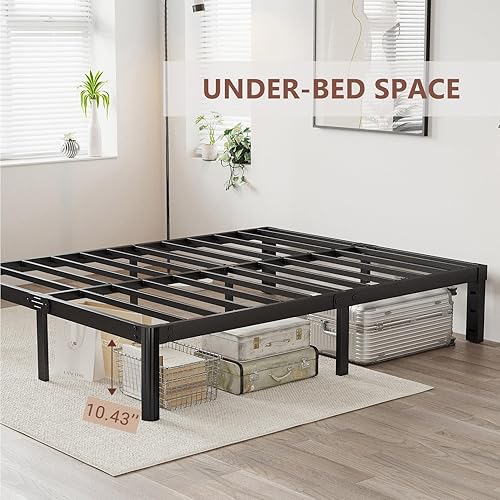 Miniatura 16 de Marco de cama de metal de alta resistencia de 16 pulgadas, marco de cama de plataforma tamaño matrimonial, no necesita somier, sin ruido, fácil