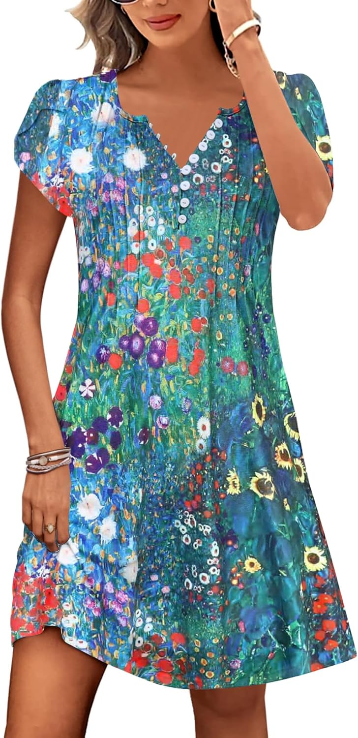 Disamer Womens Casual Dresses Short Sleeve Summer Dresses 2026 Boho Floral Beach Sundresses Spring A-Line Dress with Pockets