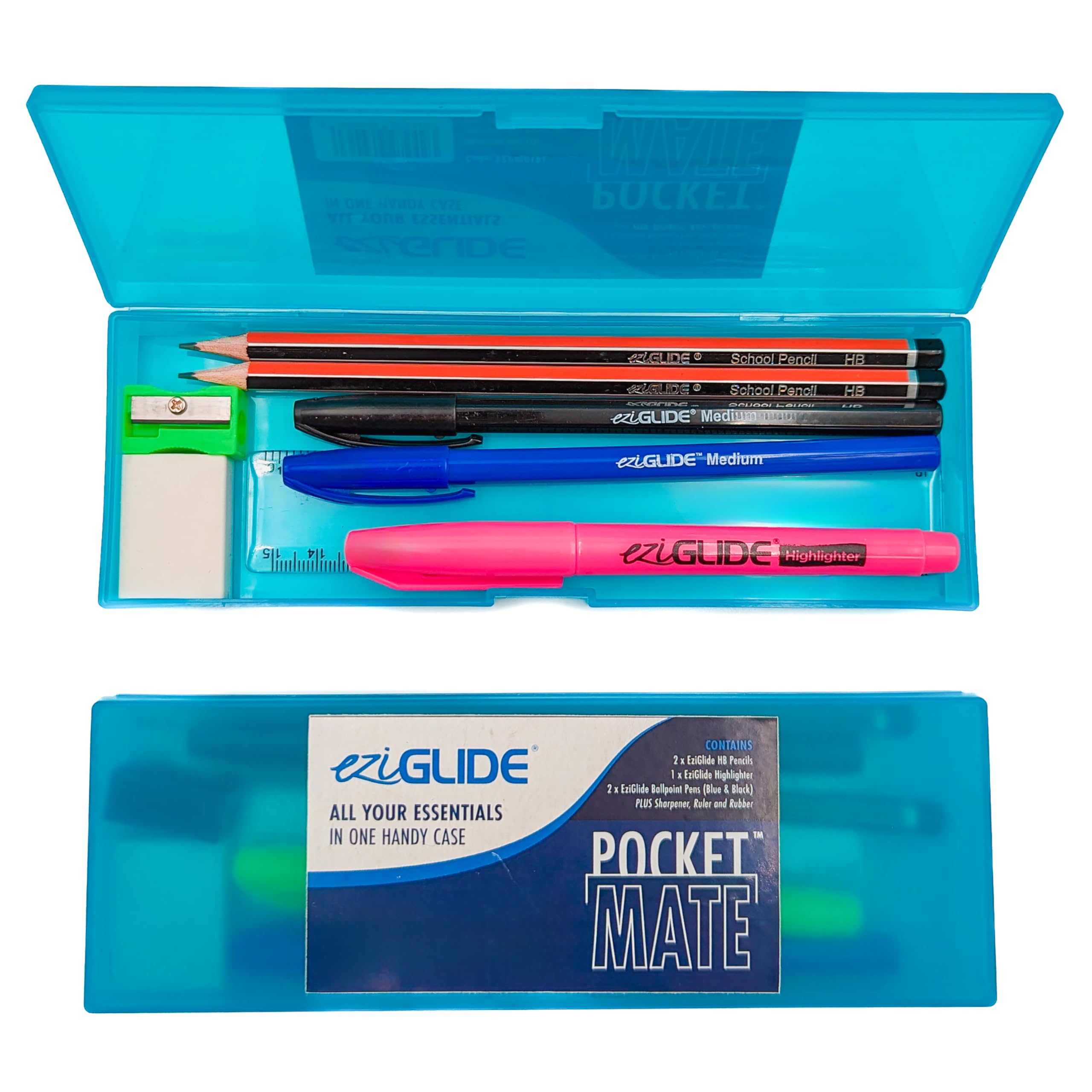 Eziglide Complete Back to School Stationery Set | Stationary Supplies | Ballpoint Pens, HB Pencils, Highlighter, Rubber, Sharpener, Ruler in a Sturdy Pencil Case (Blue)