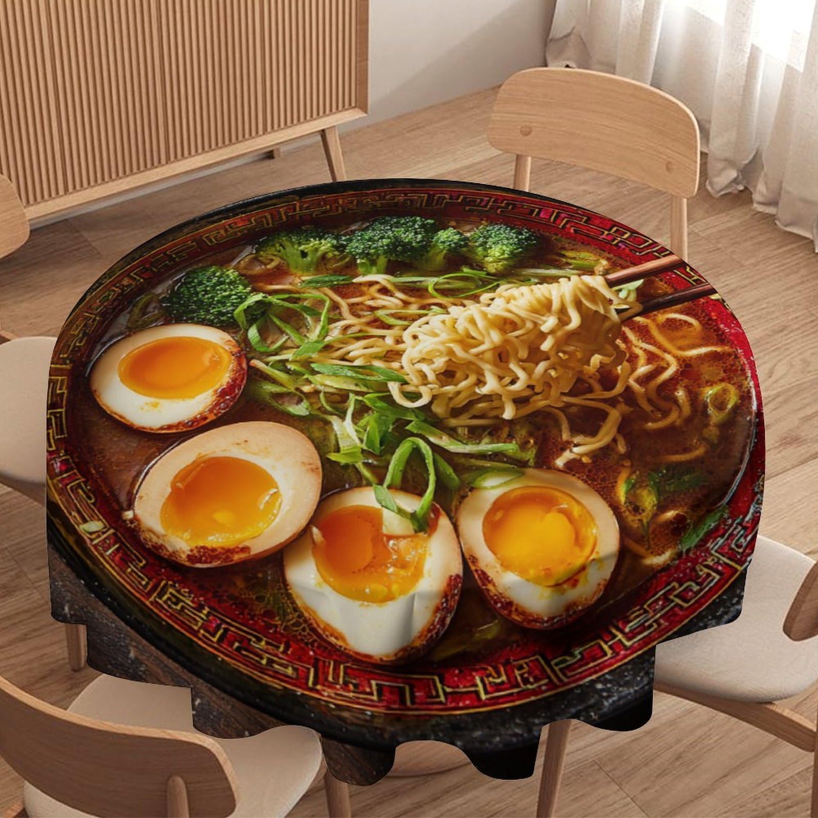 LUYYSKY Classic Watercolor Ramen Noodle Waterproof Round Tablecloth Beautiful Retro Japanese Food Ramen Theme Washable Table Cover for Kitchen-91.4" Wx91.4 L cm
