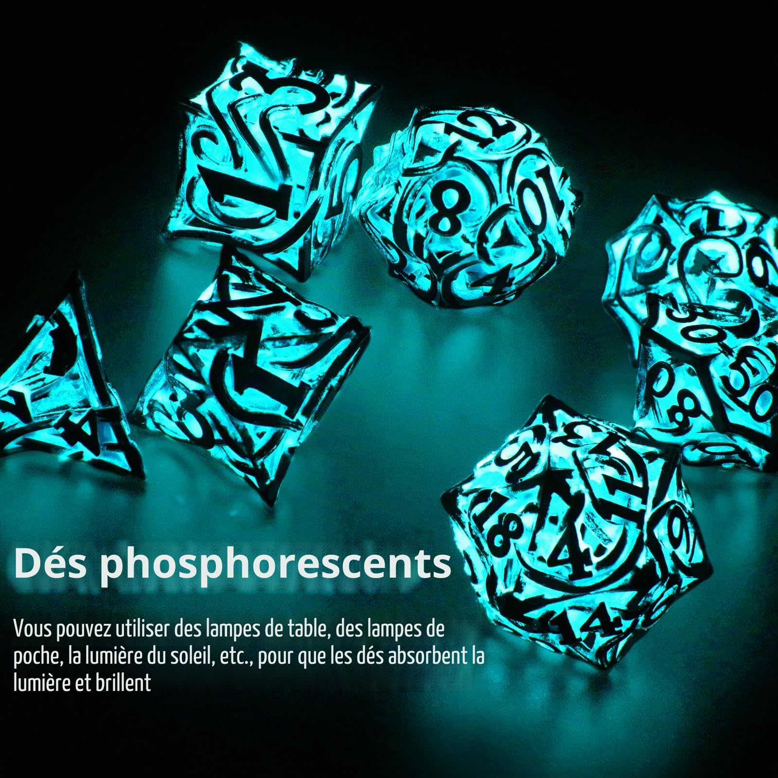 FONVGOGO Lot de 7 dés DND phosphorescents en métal pour Donjons et Dragon – Jeu de dés polyédriques creux en métal creux pour jeu de rôle – Vigne bleu vif