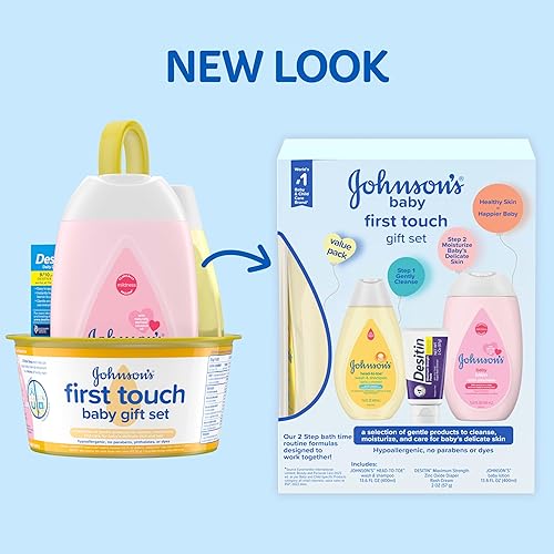 Miniatura 3 de Johnson's First Touch Baby Gift Set, Baby Bath, productos esenciales para la piel y el cabello, kit para nuevos padres con lavado y champú, loción y