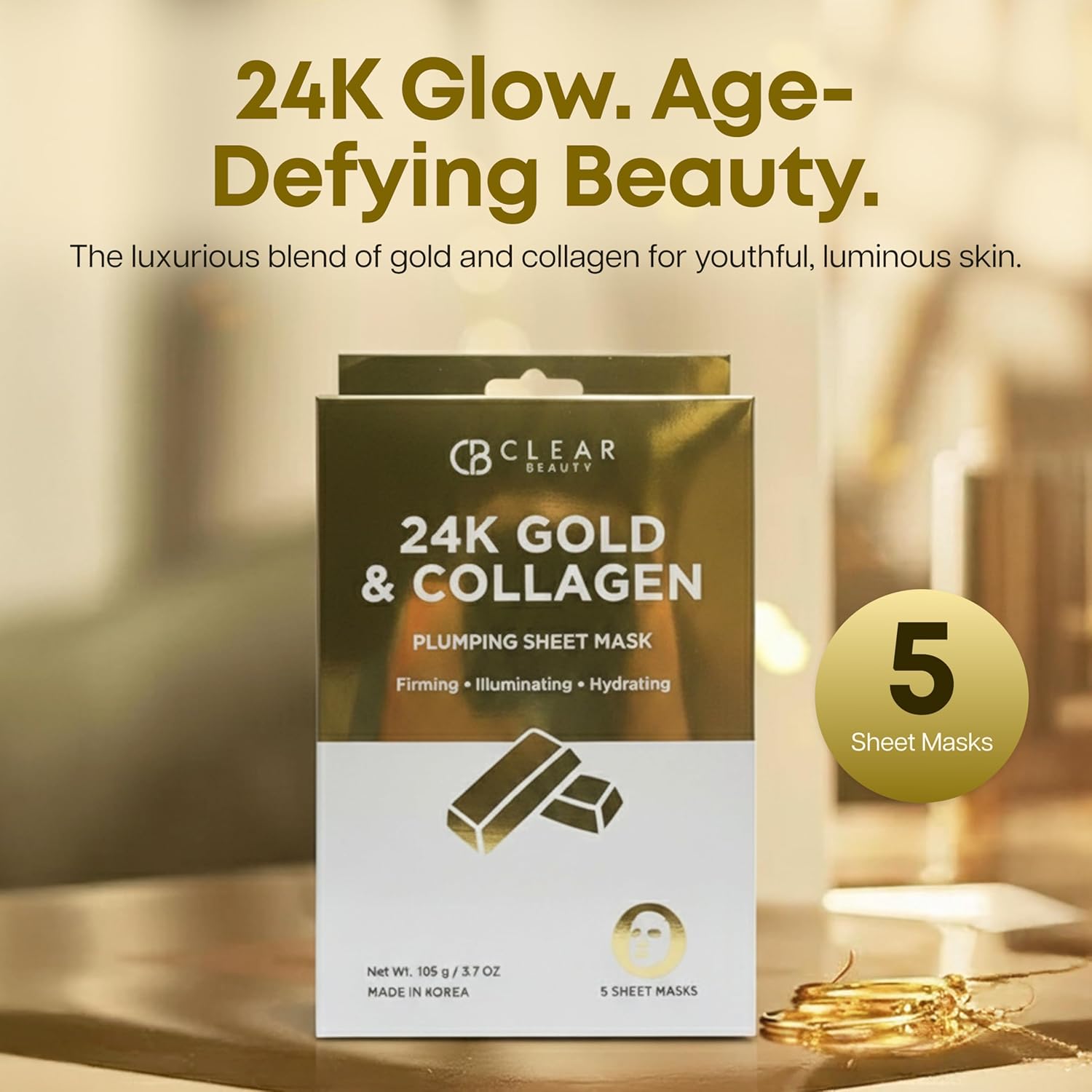 Clear Beauty 24K Gold & Collagen Face Mask – Firming & Moisturizing Sheet Masks For Radiant Glow & Smooth Texture – Dermatologist Tested, Anti-Aging, Korean Skin Care – Vegan Clean Beauty – 5 Count - Image 3