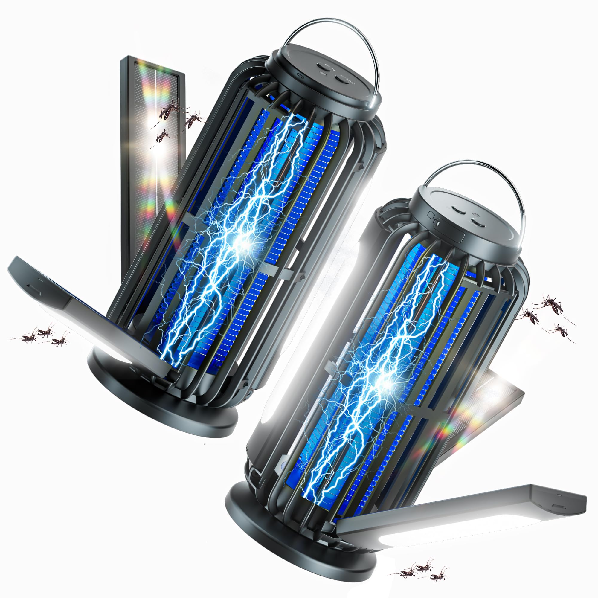 TYPEC Bug Zapper 2 Pack, Solar Bug Zapper with 3 Solar Charging Panels, IP65 Waterproof Mosquito Zapper, 4200V Mosquito Zapper with LED Light, Outdoor Indoor AUTO ON/Off