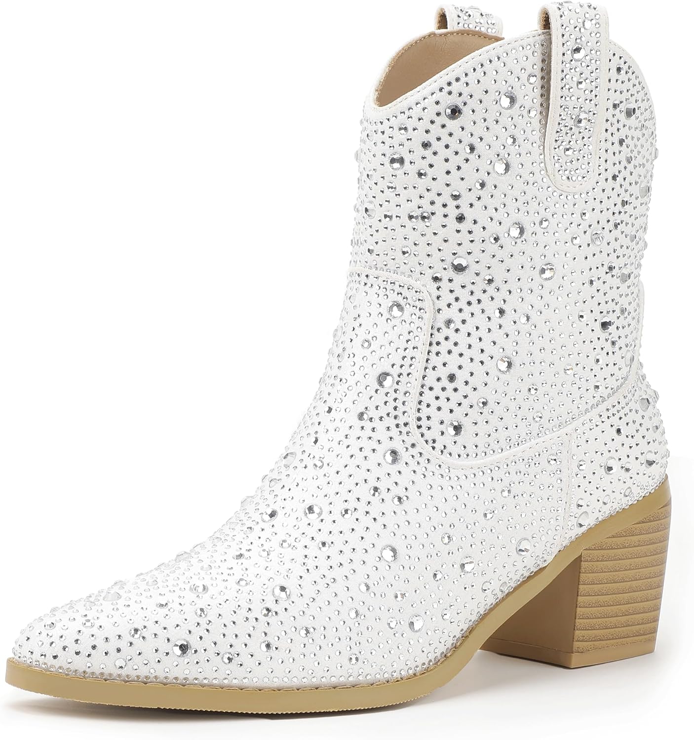 IDIFU IN2 Womens Booties Cowgirl Cowboy Rhinestone Ankle Boots for Women Low Short Block Heel Pointed Toe Slip On Fall Booties Ladies Western Sparkly Glitter Disco Wedding Fashion Dressy Boots