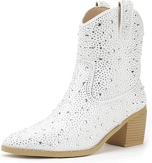 IN2 Womens Booties Cowgirl Cowboy Rhinestone Ankle Boots for Women Low Short Block Heel Pointed Toe Slip On Fall Booties Ladies Western Sparkly Glitter Disco Wedding Fashion Dressy Boots