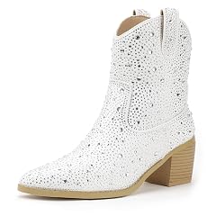 IDIFU IN2 Womens Booties Cowgirl Cowboy Rhinestone Ankle Boots for Women Low Short Block Heel Pointed Toe Slip