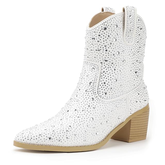 IDIFU IN2 Womens Booties Cowgirl Cowboy Rhinestone Ankle Boots for Women Low Short Block Heel Pointed Toe Slip