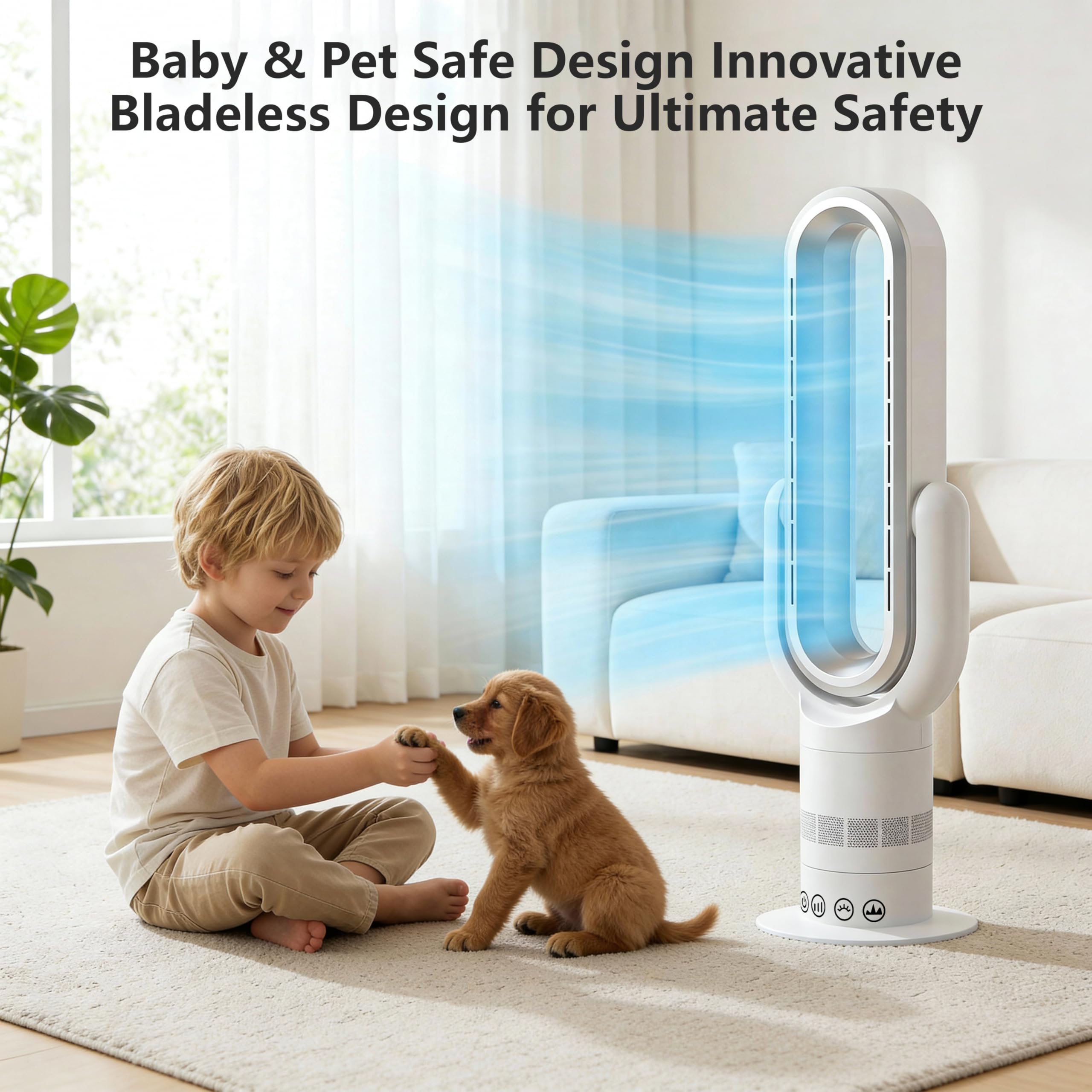 QG830 Ventilateur Tour Sans Pale, Chauffage & Refroidissement 2-en-1, Télécommande et Commande Tactile, 10 Modes Froid + 3 Chaud, Moteur DC Ultra-Silencieux