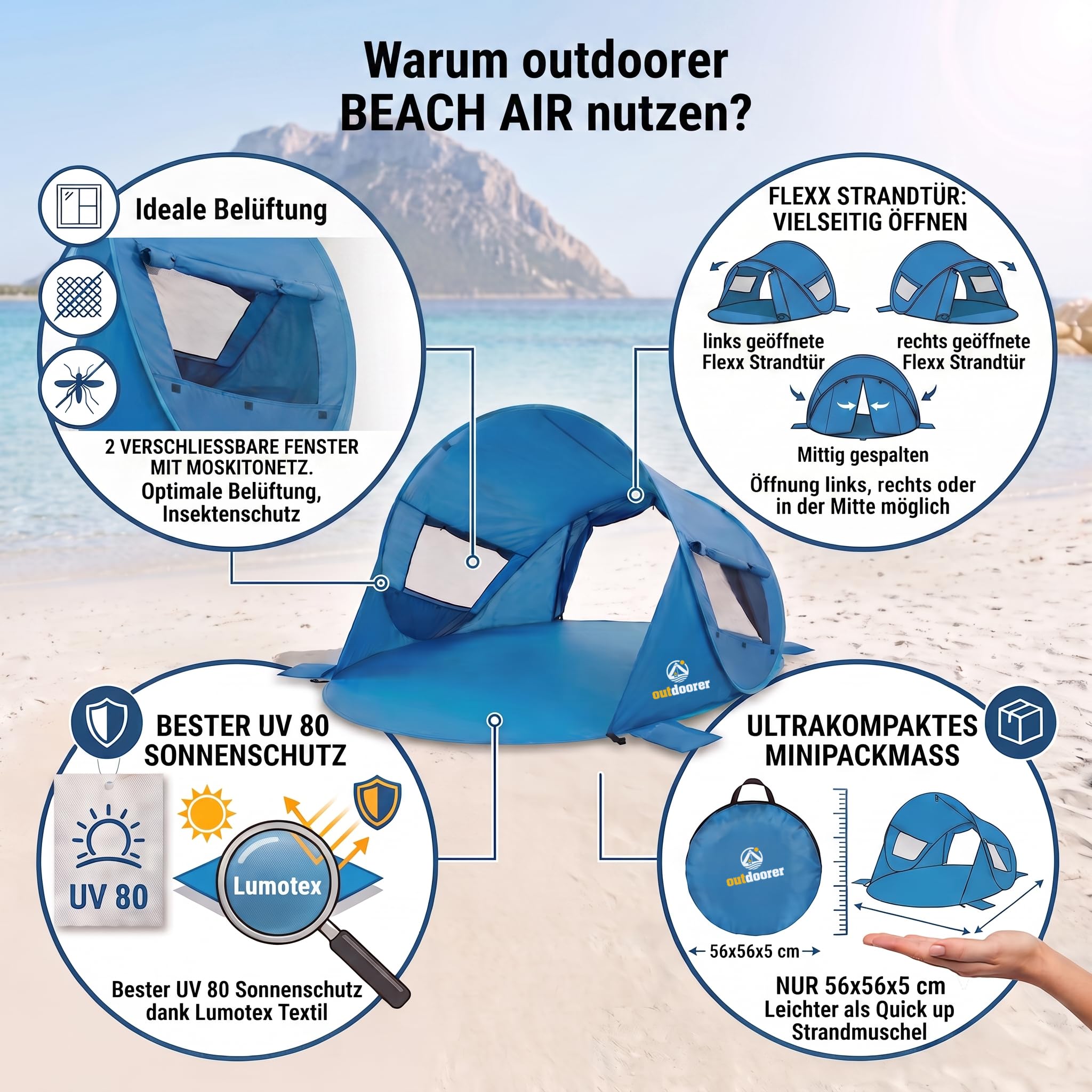 outdoorer Tente de plage Pop Up Beach Air UV 80, 245 x 145 x 100 cm, parfaitement ventilée, 2 fenêtres, 1 porte verrouillable, haute protection UV avec revêtement argenté, 2 adultes et 1 à 2 enfants