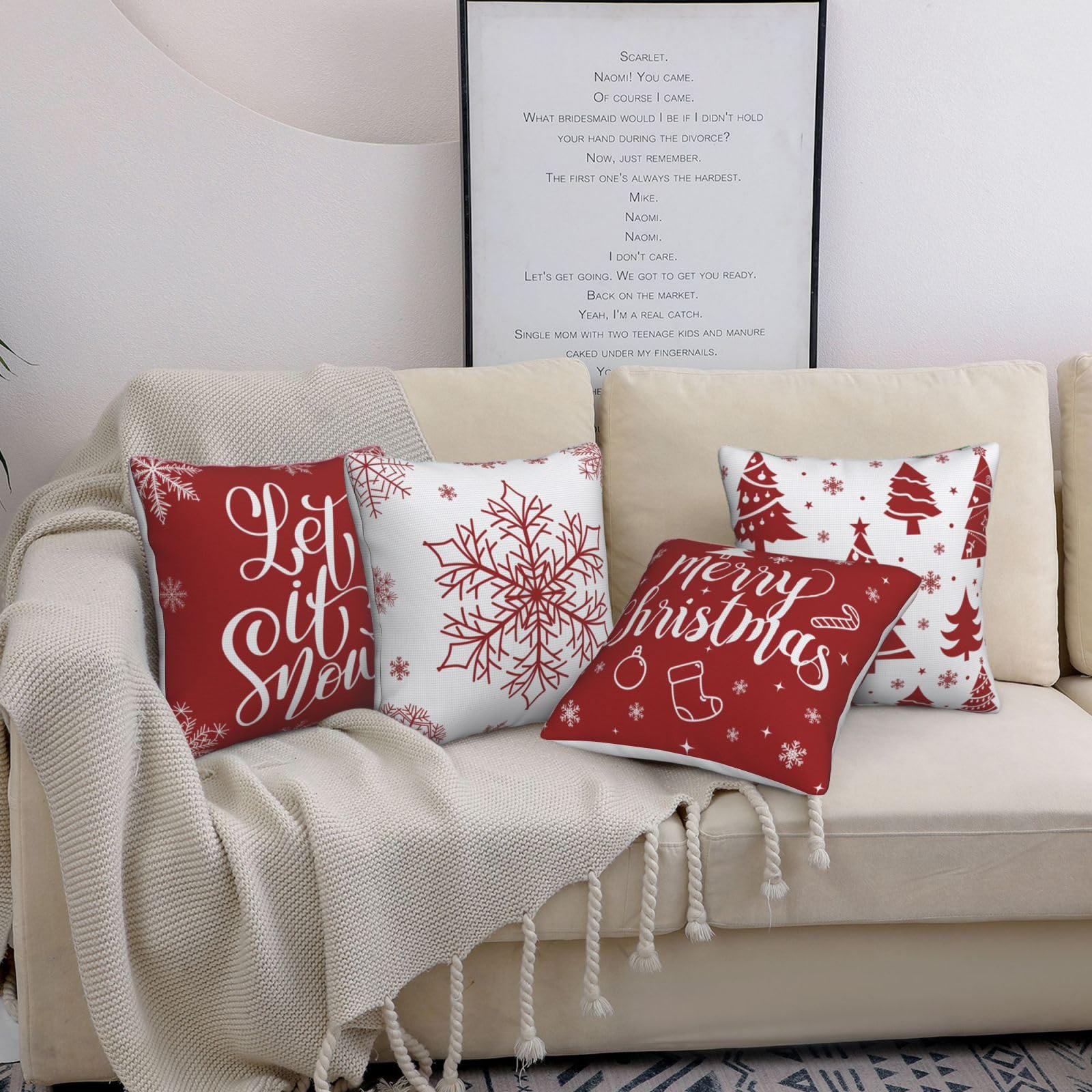 AMZQJD 4 stuks kussenslopen Kerstmis kerstelementstijlen patroon decoratieve kussenhoes katoen linnen kussenslopen (50 x 50 cm, wit Kerstmis