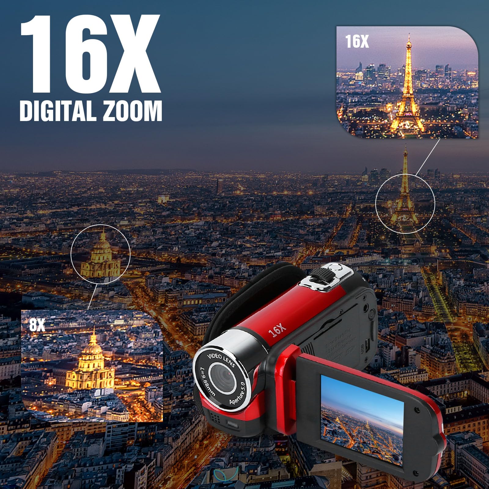 Zorpupoa Video Camera Camcorder, 1080P High Definition Digital Camcorder with Fill Light Selfie, Rechargeable 270°Rotation Camcorder Camera (Red)
