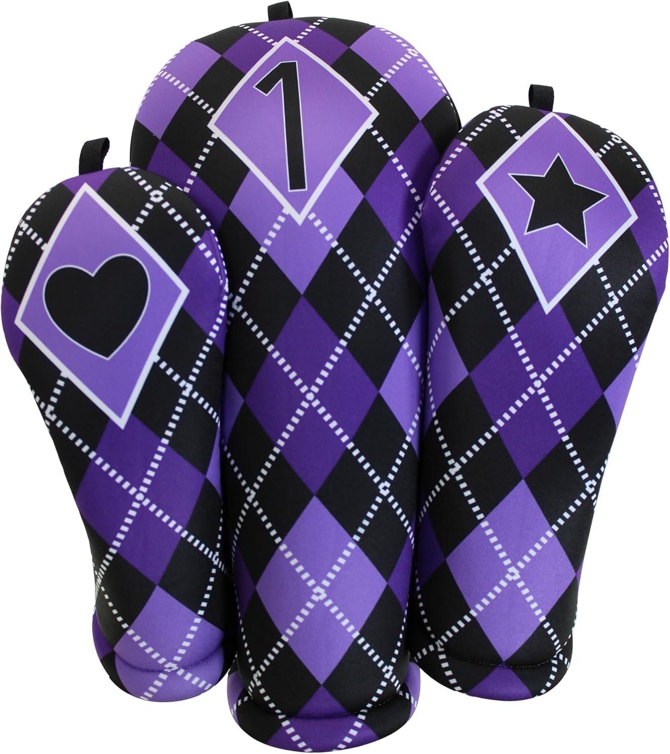 Women's Argyle Golf Club Headcover 4 Piece Gift Set- Includes 1 Driver, 1 Fairway, 1 Hybrid and 1 Matching Microfiber 18" x18' Sports Towel with Carabiner Clip Handmade in USA (Purple)