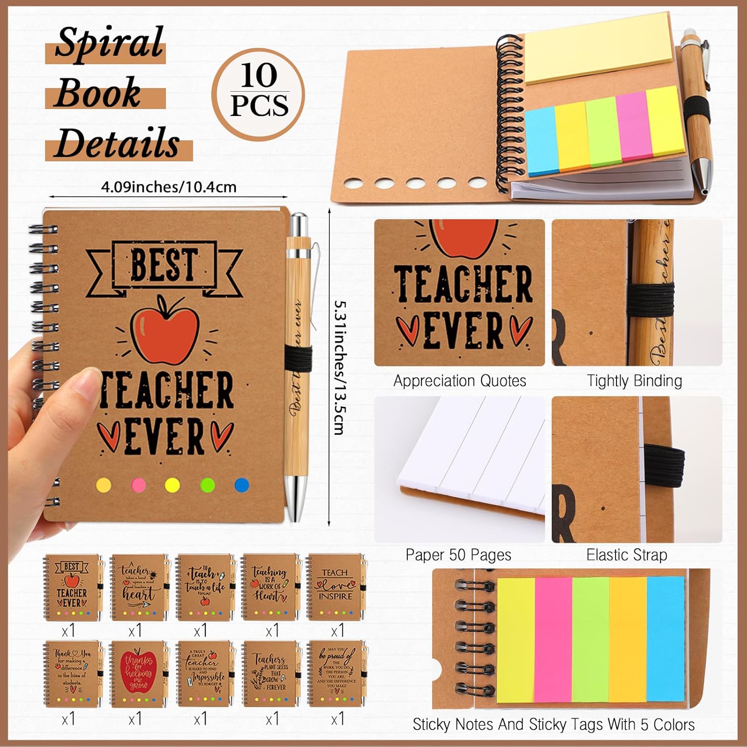 Glenmal Teacher Employee Appreciation Gift for Women Spiral Notebook Thank You Gift for Teachers from Students Inspirational Journal with Bamboo Pens for Office Supplies(10 Sets) - Image 2