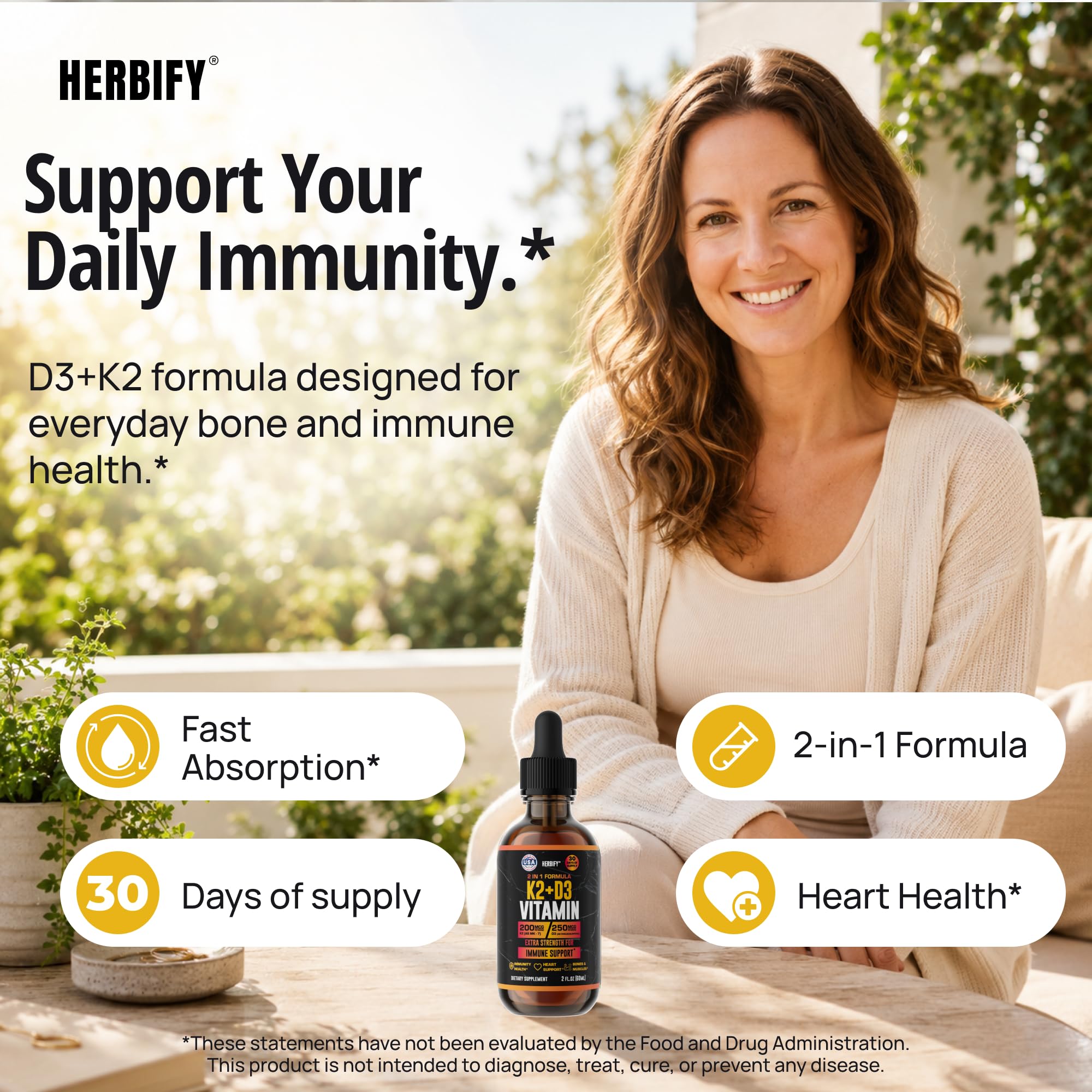 HERBIFY Vitamin D3 K2 Drops - Liquid Vitamins for Women, Men & Teen - Bone Strength Supplements - D3 K2 Mt Vitamins for Immune Support & Heart Health - Vitamin D3 10000 Iu Liquid K2 Drops - 2 oz — Amazon image 2