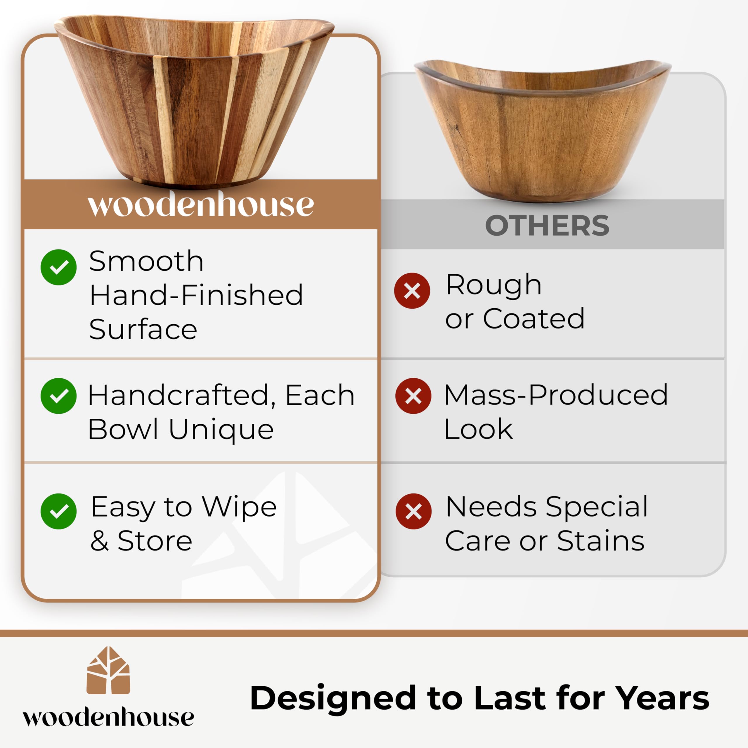 Woodenhouse - Ensaladera de madera, cuenco de fruta, grande y ondulado de 12 pulgadas para servir, hecho a mano, duradero y elegante, accesorio de comedor de madera natural 7