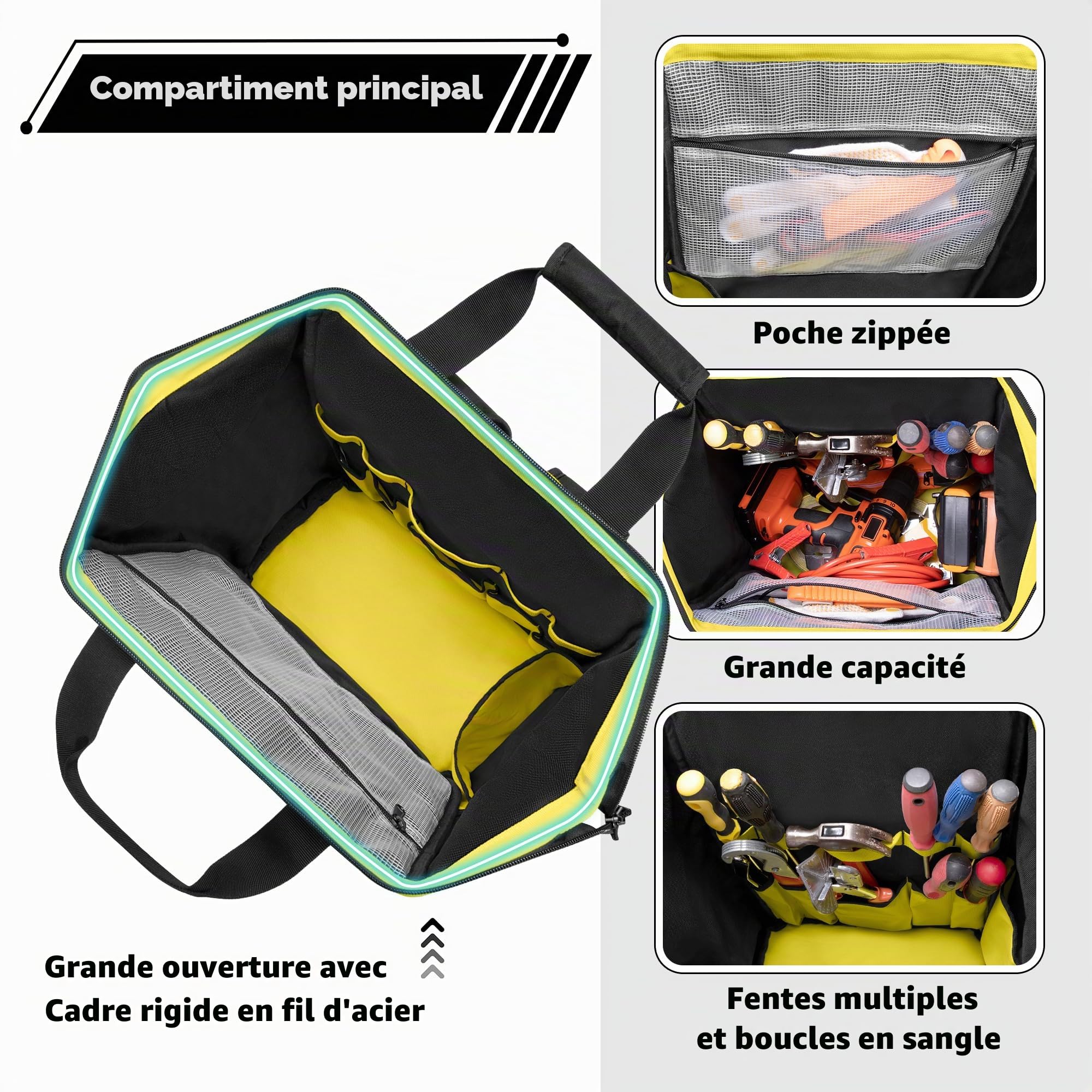 Rexmica Sac à Dos Outils avec Pochette Zippée/Zone D'attraction Magnétique | Sac de Outils Robuste avec Ouverture à Cadre Métallique, Sacoche Tactique pour Électriciens, Réparateurs et Techniciens