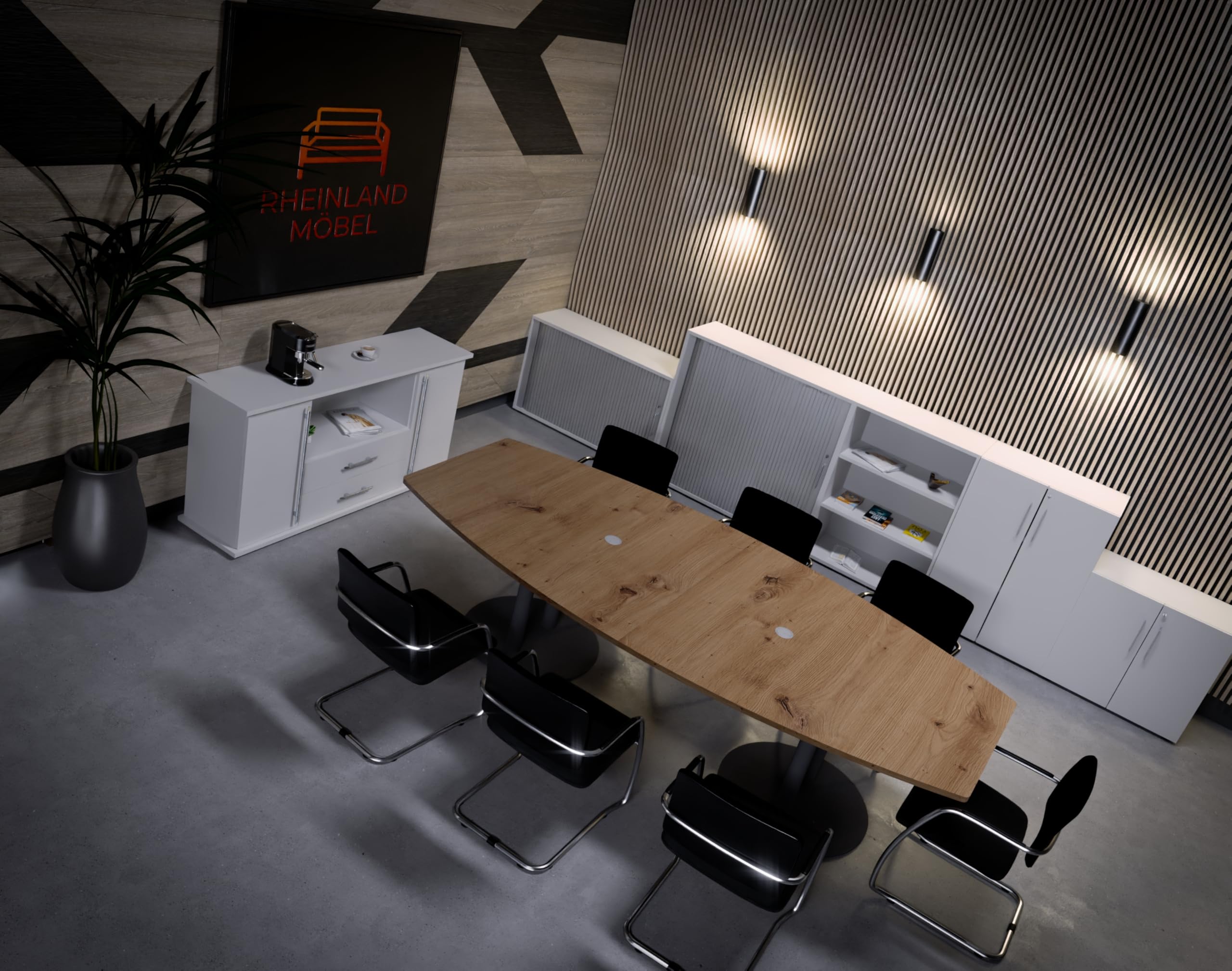 Konferenztisch KONTI 280x130 cm – ovaler Besprechungstisch in Asteiche mit Säulenfüßen in Graphit & 2 Kabelauslässen, erweiterbarer Meetingtisch für 8–10 Personen, moderner XXL-Tisch fürs Büro