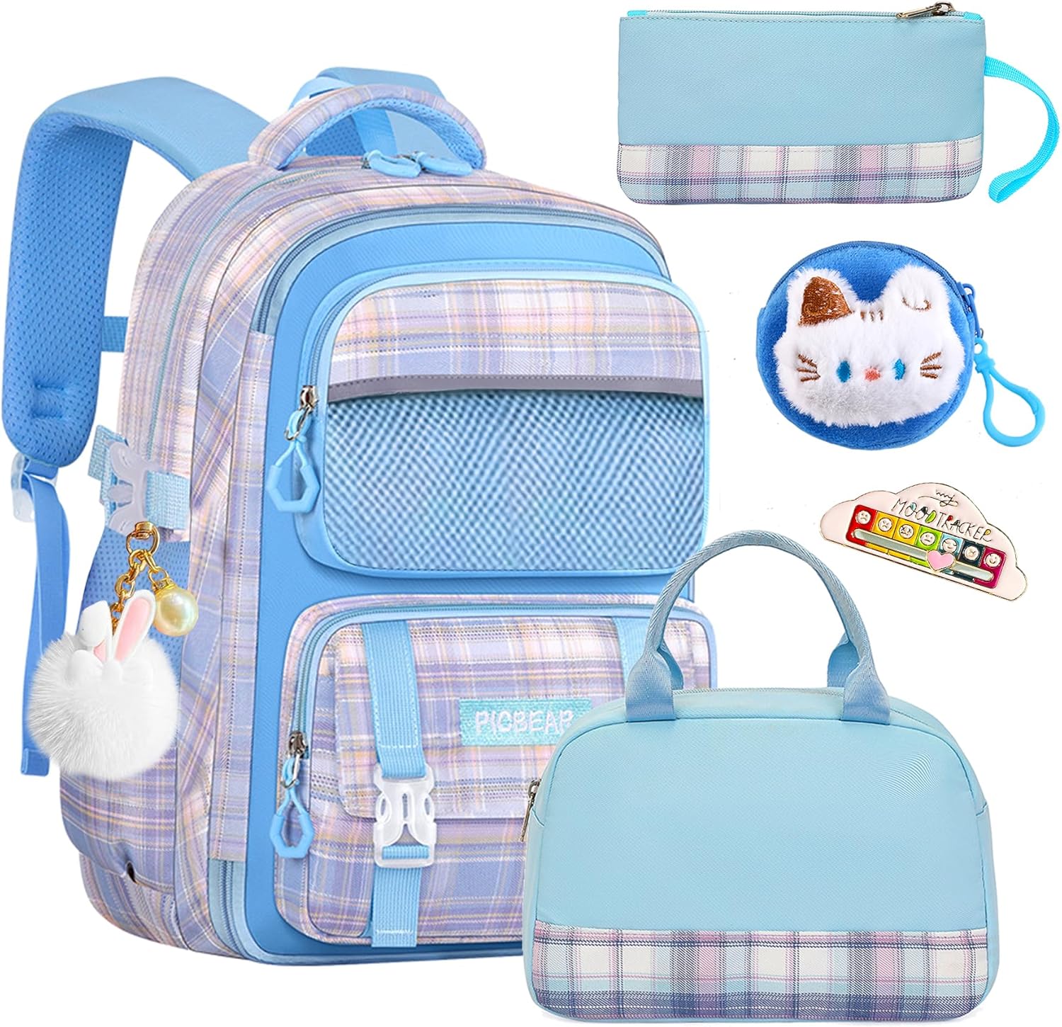 6-Piece Kawaii Blue Plaid Backpack Set – Lightweight & Water-Resistant 6-Piece Kawaii Blue Plaid Backpack Set – Lightweight & Water-Resistant