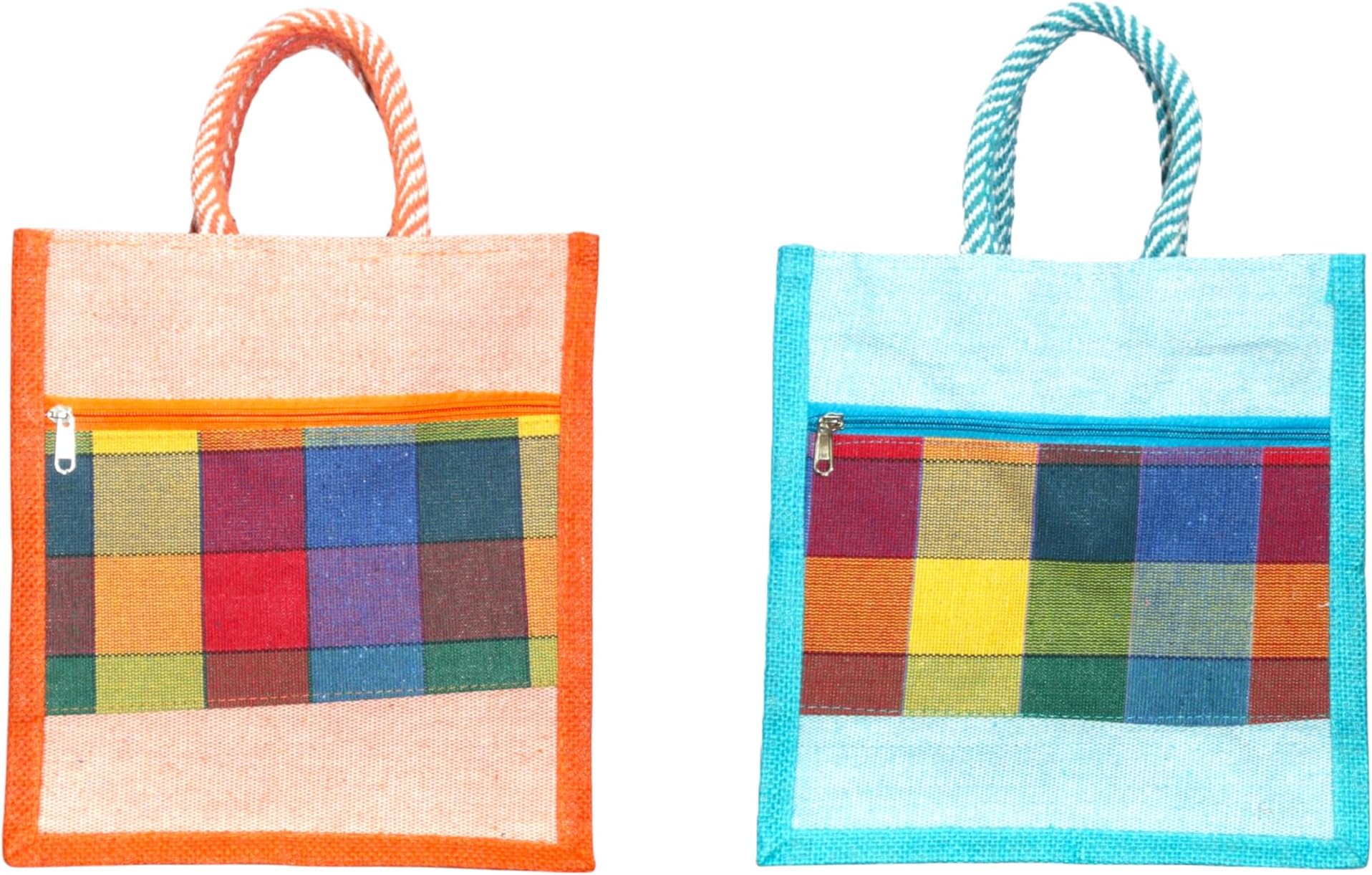 Anumala Jute World)® Vibrant Multicolor checked JuCo Bag with front Pocket | Eco-Friendly Reusable Shopping Bag with Zipper And Sturdy Handles.10x5x12 inches (2)