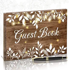 Funrous Wood Grain Wedding Guest Book with Pen and Rustic Leaves Sign-In