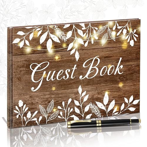 Funrous Wood Grain Wedding Guest Book with Pen, Rustic Leaves