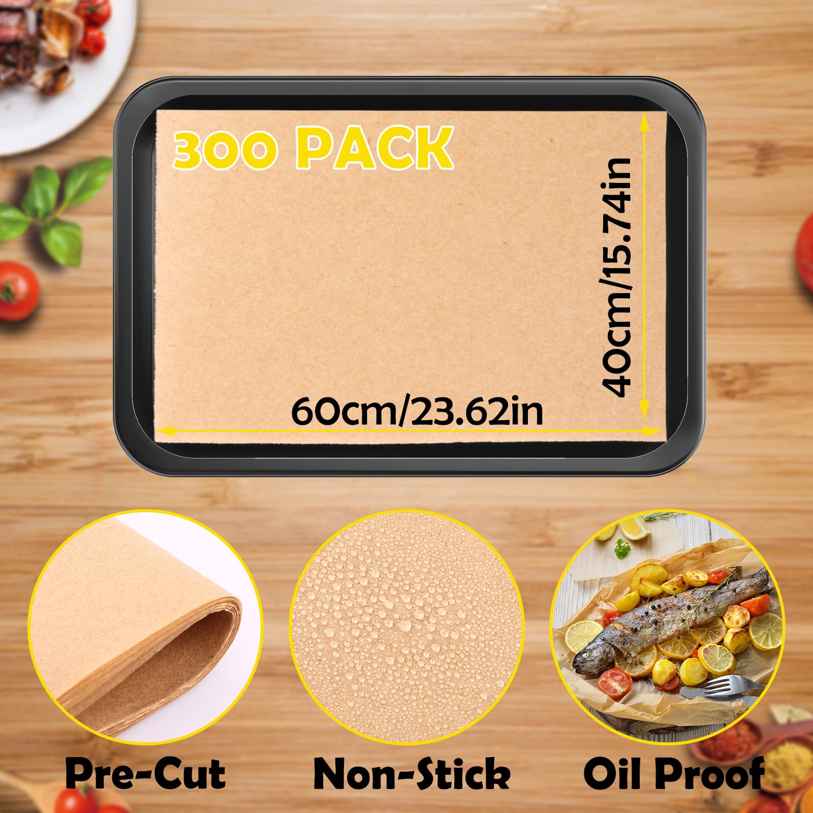 Lot de 300 feuilles de papier sulfurisé anti-adhésif non blanchi pour la cuisson de papier sulfurisé imperméable pour pain, viande, biscuits, rôtissage 40 x 60 cm