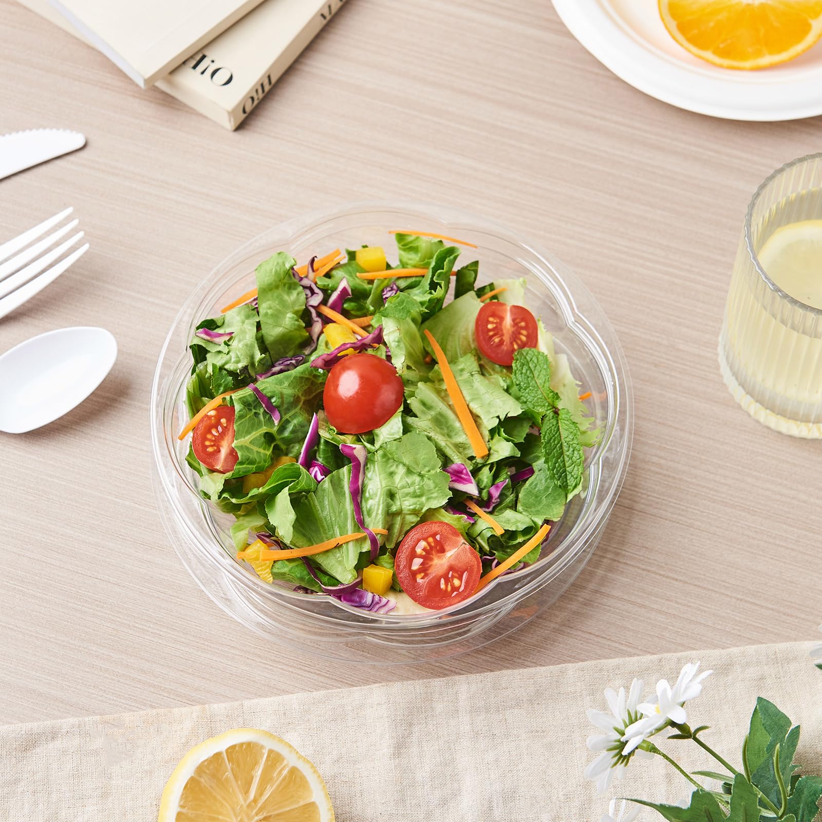 FULING [50 juegos de cuencos de plástico transparente de 18 onzas con tapas herméticas desechables para llevar, recipientes para mezclar para frutas, quinua, almuerzo y preparación de comidas.»