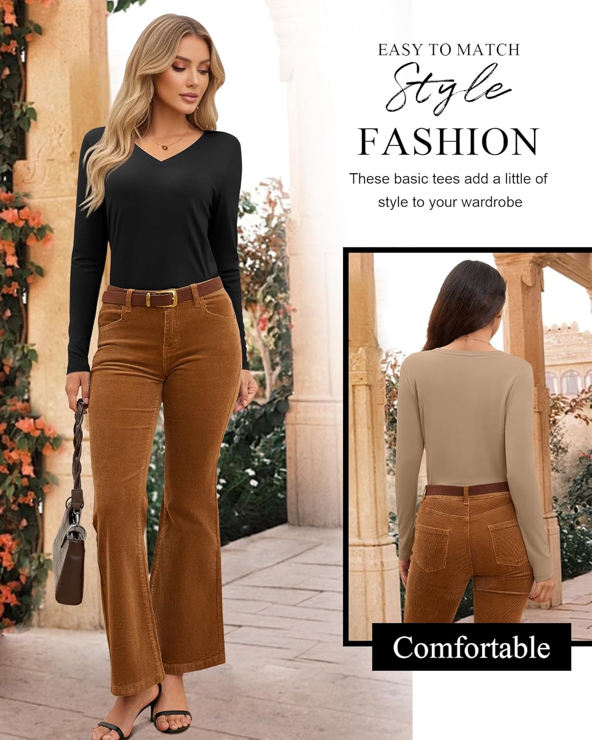 Neer 4 Pack Women's T-Shirts V Neck Long Sleeve Casual Tops Loose Fit Basic Layering Shirts Straight Hem Plain Soft Tees - Image 6