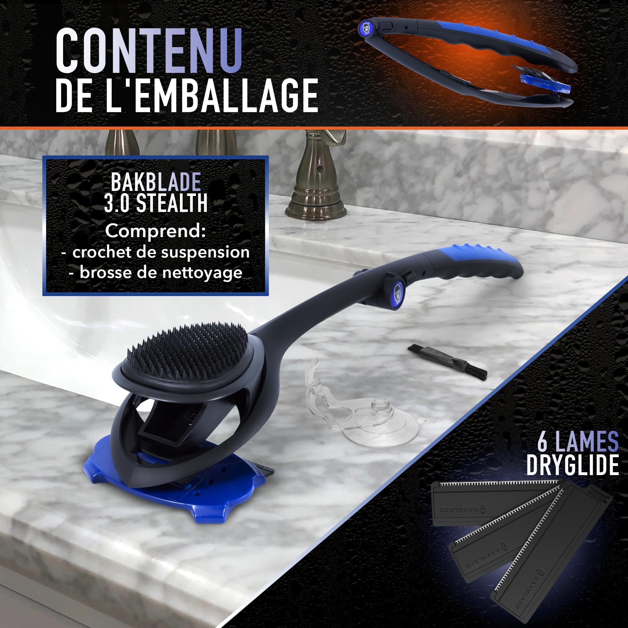 BakBlade 3.0 Stealth Rasoir Dorsal À Long Manche, Double Prise | Manche Ergonomique De 58 Cm, Brosse Exfoliante Incluse, 3 Rangées De Lames, Rasage Sec Ou Humide, Lames Dryglide