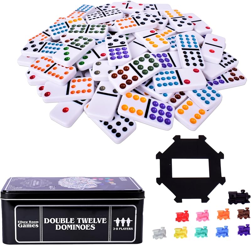 Games Double Twelve Dominoes - Mexican Train Set - Ages 8+ | Plastic Tiles, 103 Total Pieces, Tin Storage Case, Score Pad Included, Starter Piece, 7.5 x 4.5 x 3 in, 2 Players