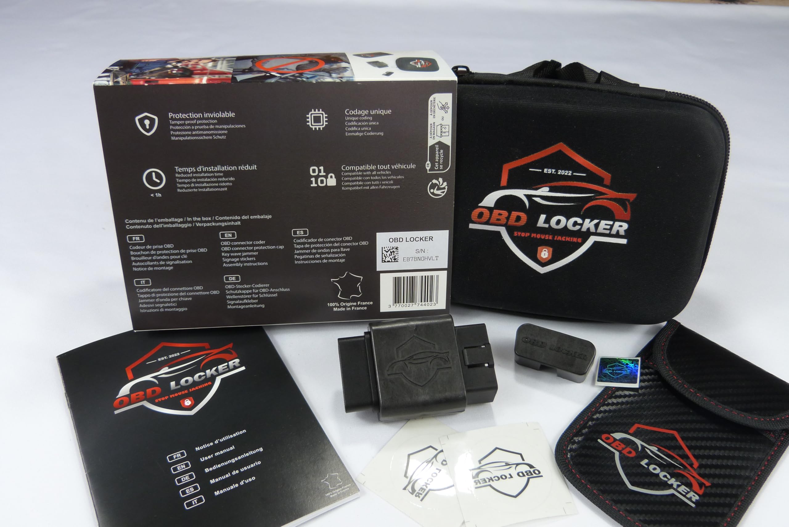 Antivol Prise OBD2 Codage Unique | Protection Contre vol électronique Voiture | Étui + Pochette RFID + Autocollants Inclus