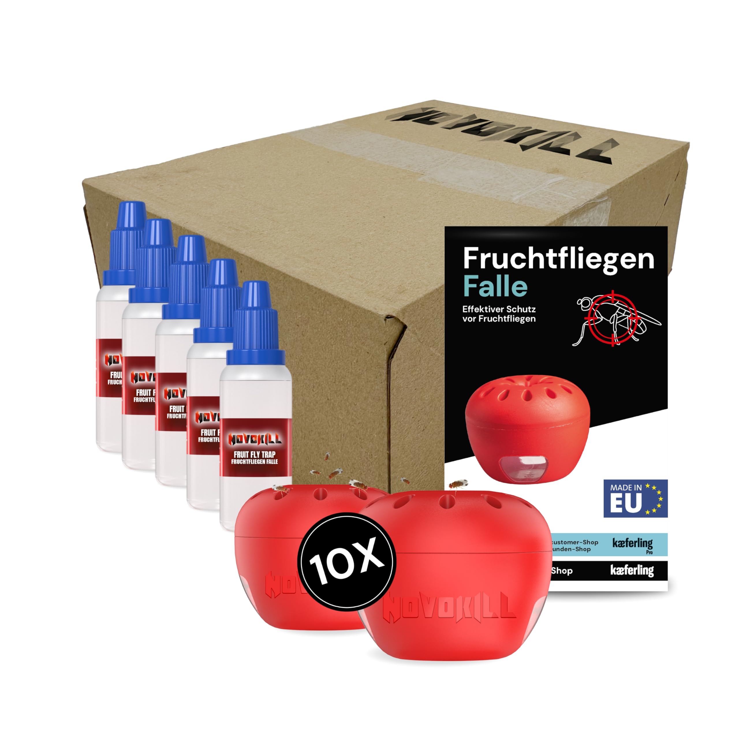 Novokill Fruchtfliegenfalle Set – 5x Lockstoff 30ml + 10x Fallen – Effektive Obstfliegenfalle für Küche & Gastronomie – Fruchtfliegen bekämpfen – Falle mit langanhaltender Wirkung – Wiederverwendbar
