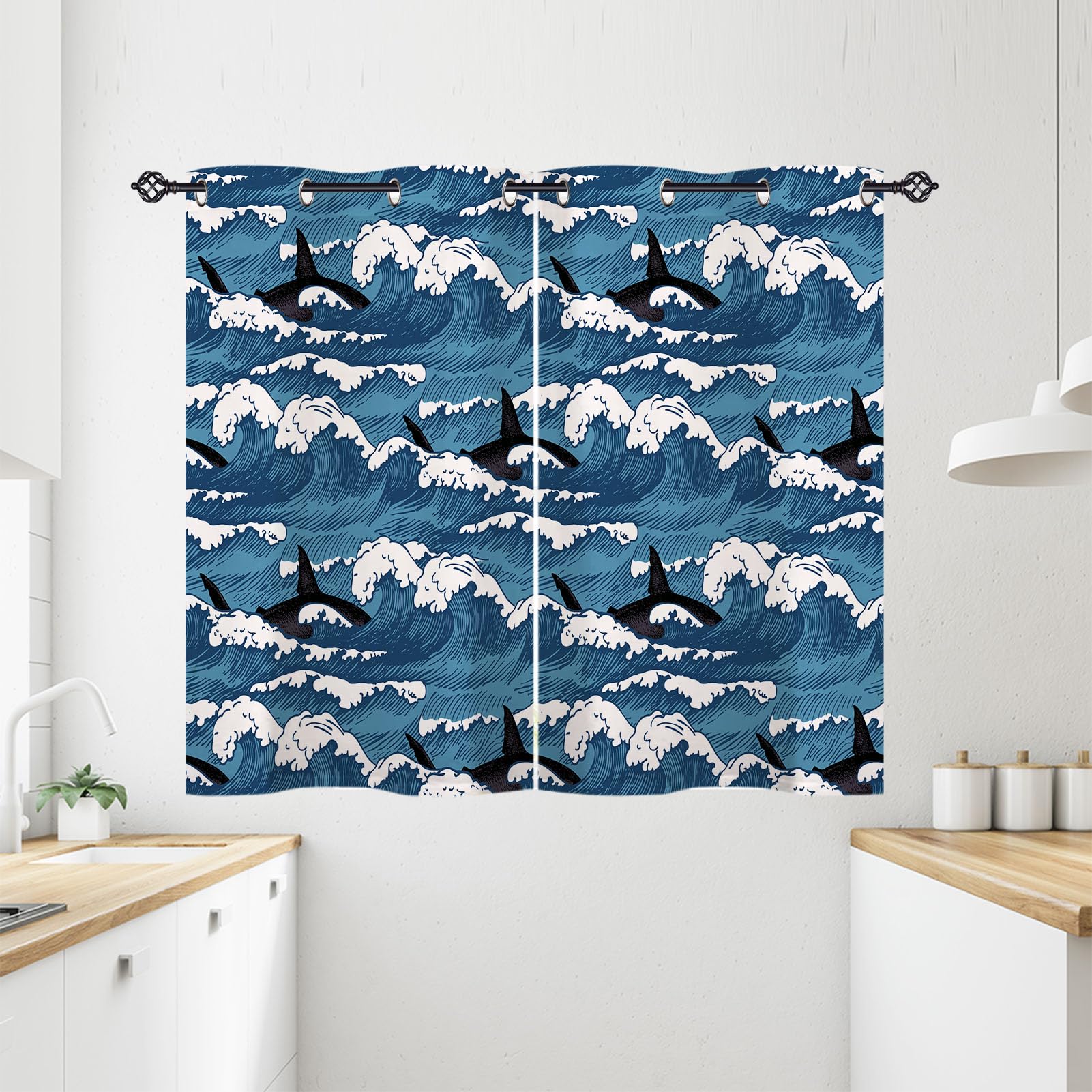 ANHOPE Shark Curtains Eyelet 80% Blackout Room Darkening Curtains with Retro Style Ocean Sea Wave Print Pattern Thermal Insulated Window Drapes for Bedroom Living Room 28 x 54 Inch Drop 2 Panels