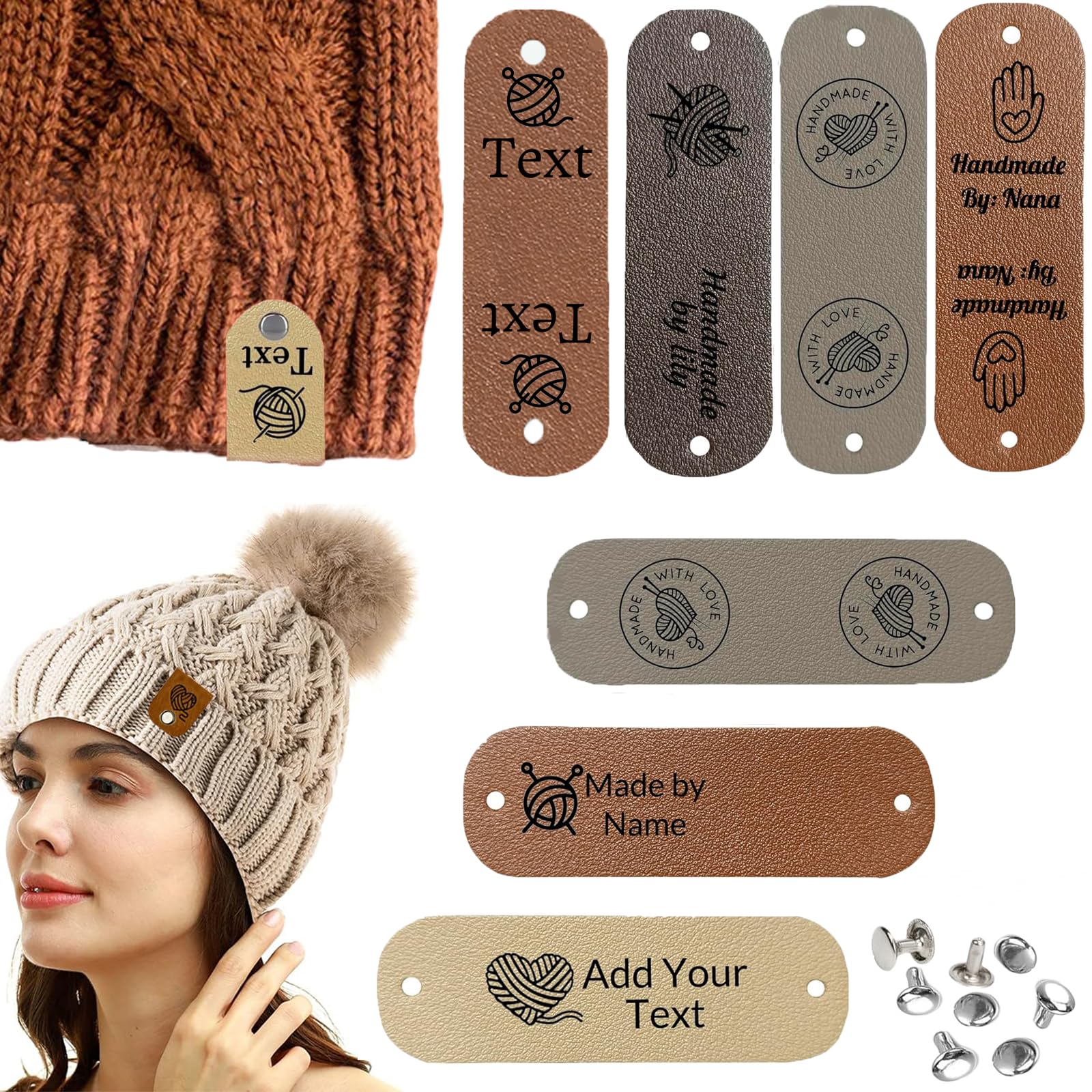 Personalized Leather Tags for Crochet Items for Handmade Items Custom Leather Labels with Rivet 2.5 x 0.8 in Personalized Tags for Knitting Crochet for Hats Beanies Scarves (2.5 * 0.8 in)