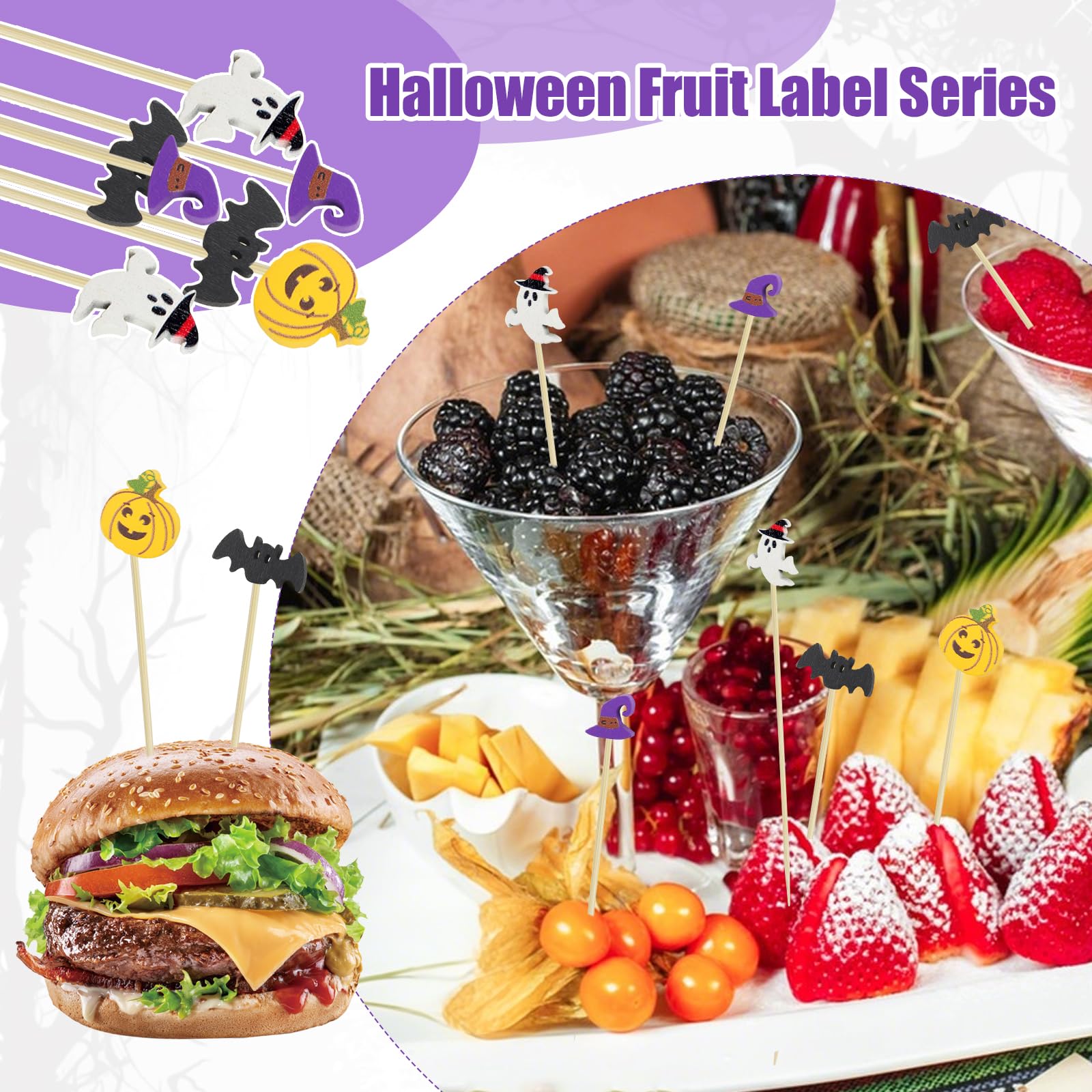 Xmart 200 Piezas Palillos Aperitivos Halloween Cóctel Brocheta Aperitivo Pinchos Cocktail con Sombrero Bruja Cabeza Calabaza MurciéLago y Decoraciones Fantasma para Temáticas Halloween Fiesta