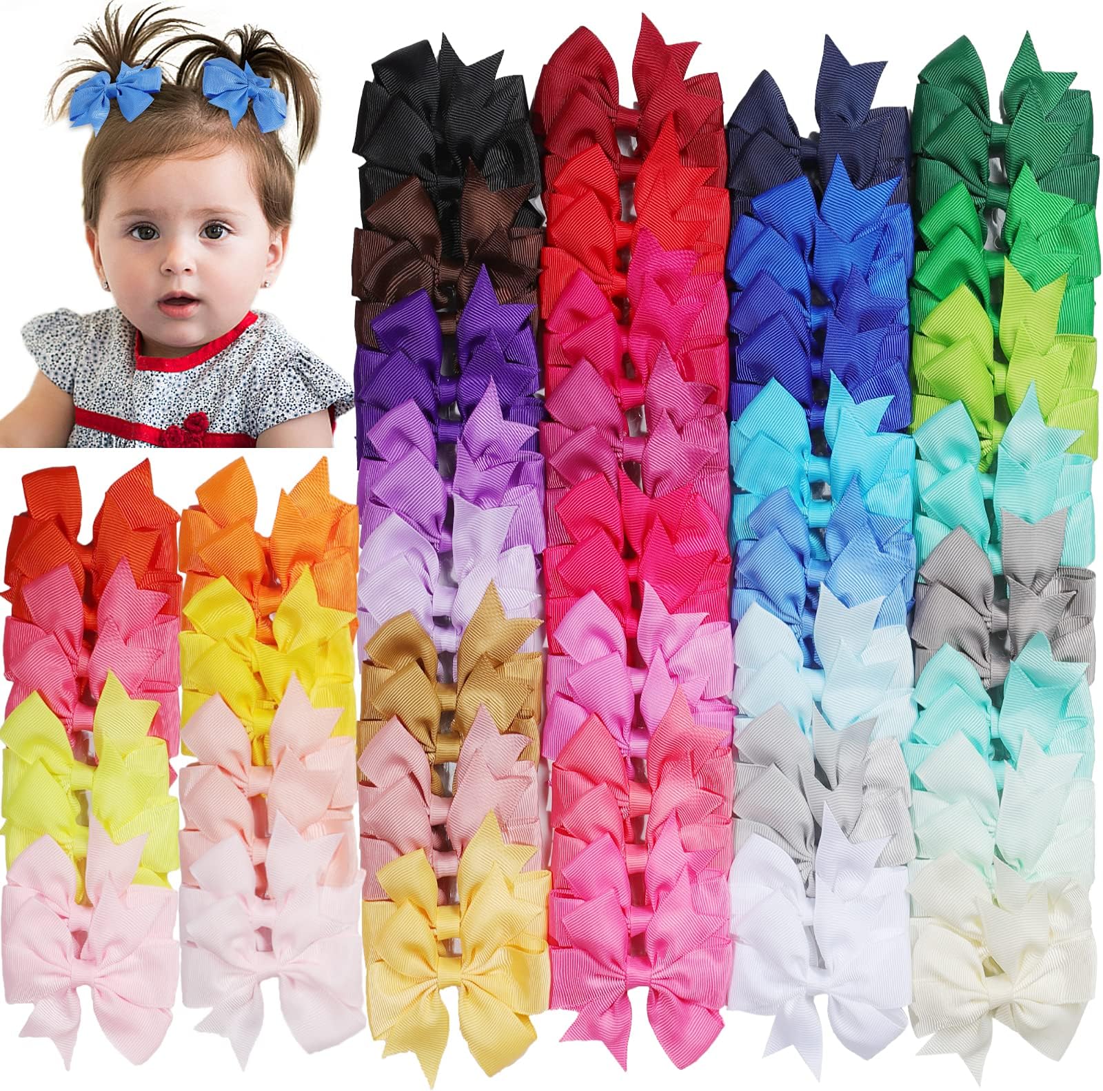 CACASO 80 Boutique-Style Grosgrain Hair Accessories Set - 40 Color Pairs of 3 Inch Ribbon Pinwheel Bows with Alligator Clips and Barrettes for Toddlers and Girls