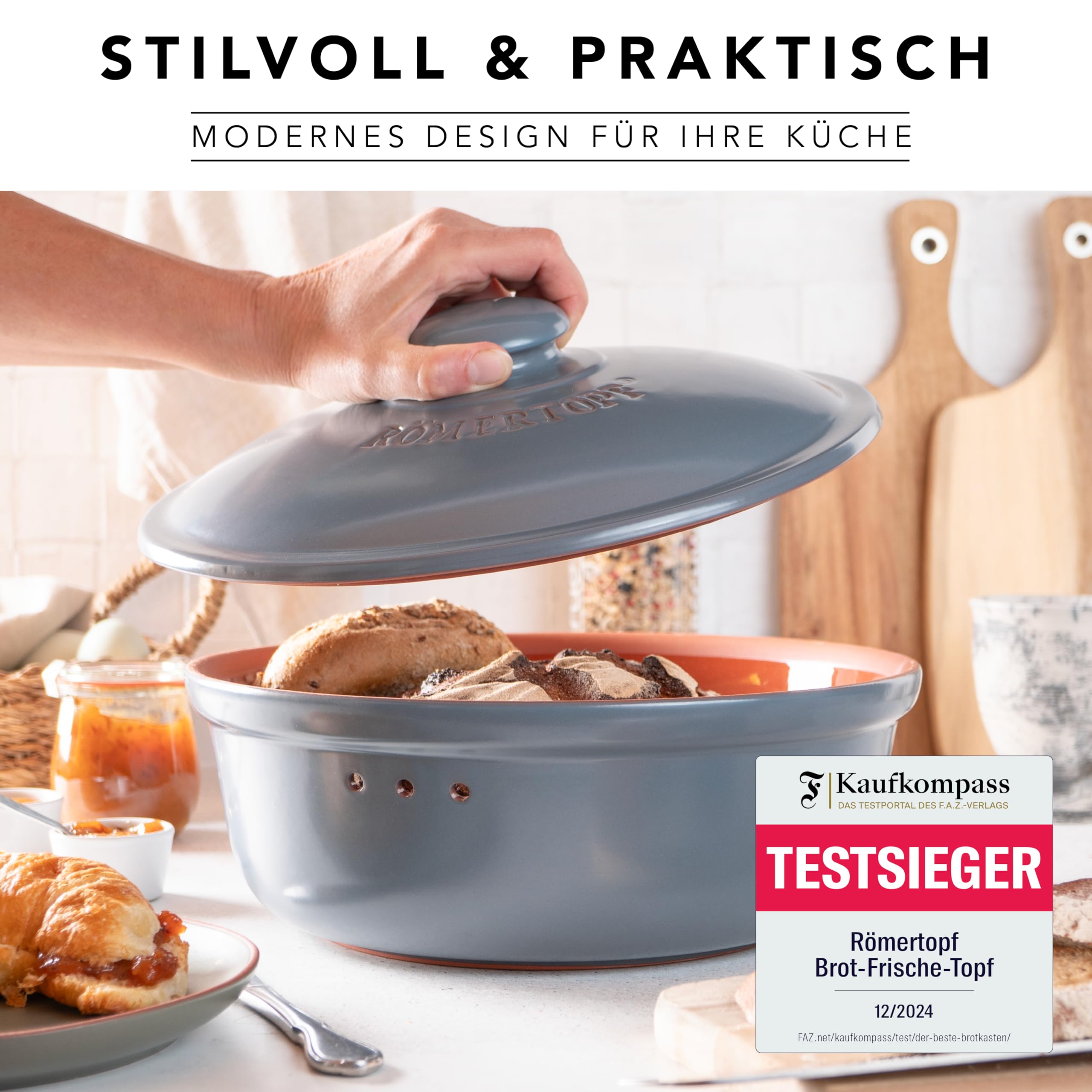Römertopf Brottopf rund 4,5 L Brotkasten Keramik mit Deckel, Blau-Grau | Ø 30 cm, Platz für 1–2 Laibe oder viele Brötchen, atmungsaktive glasierte Keramik, spülmaschinengeeignet, seit 1967