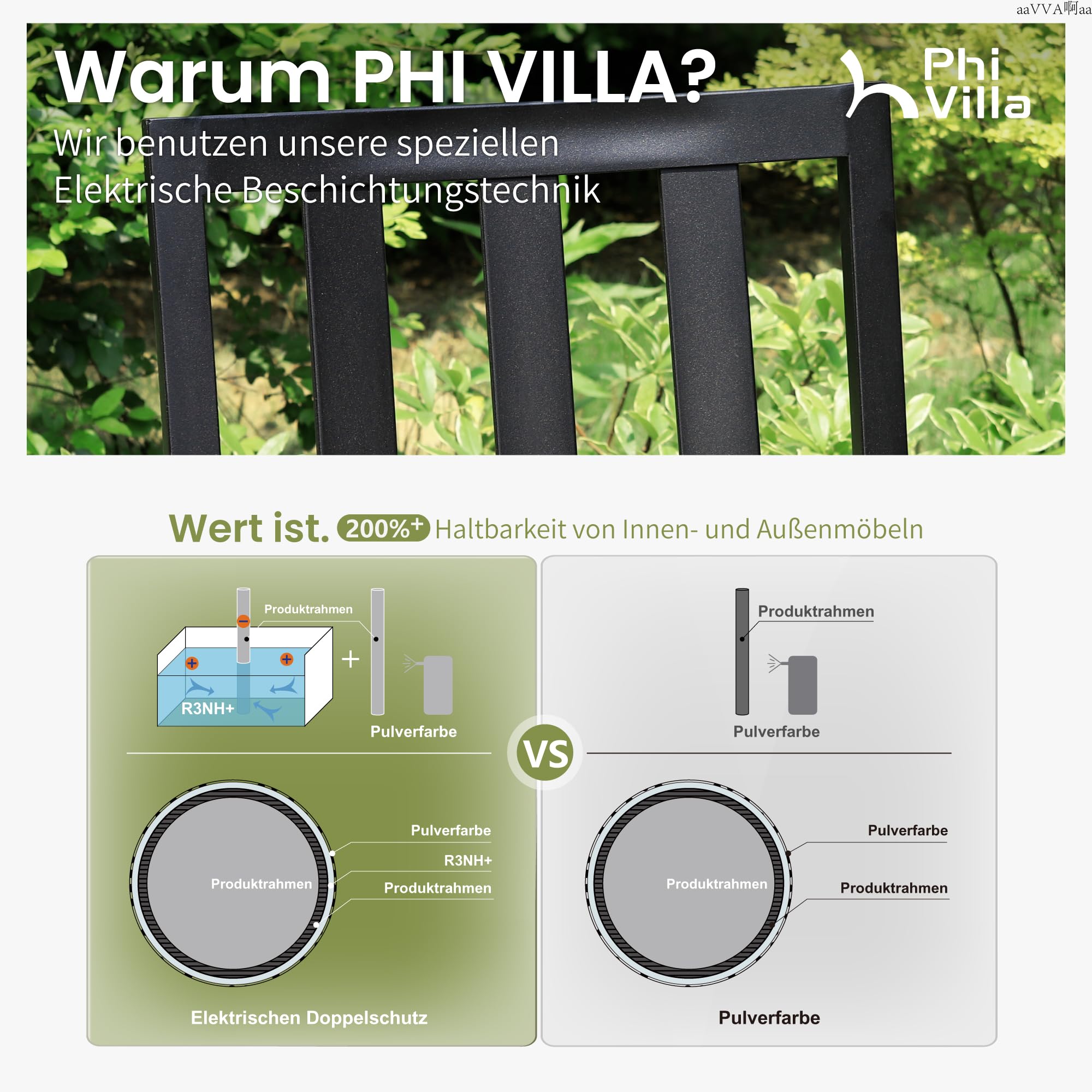 PHI VILLA Gartenmöbel Set mit Gartentisch und Stühle 4er Set Metall Terrassen Outdoor Bistro Garten Möbel Sets Wetterfest Garten Sitzgruppe Stapelbare Stühle Sparen Platz