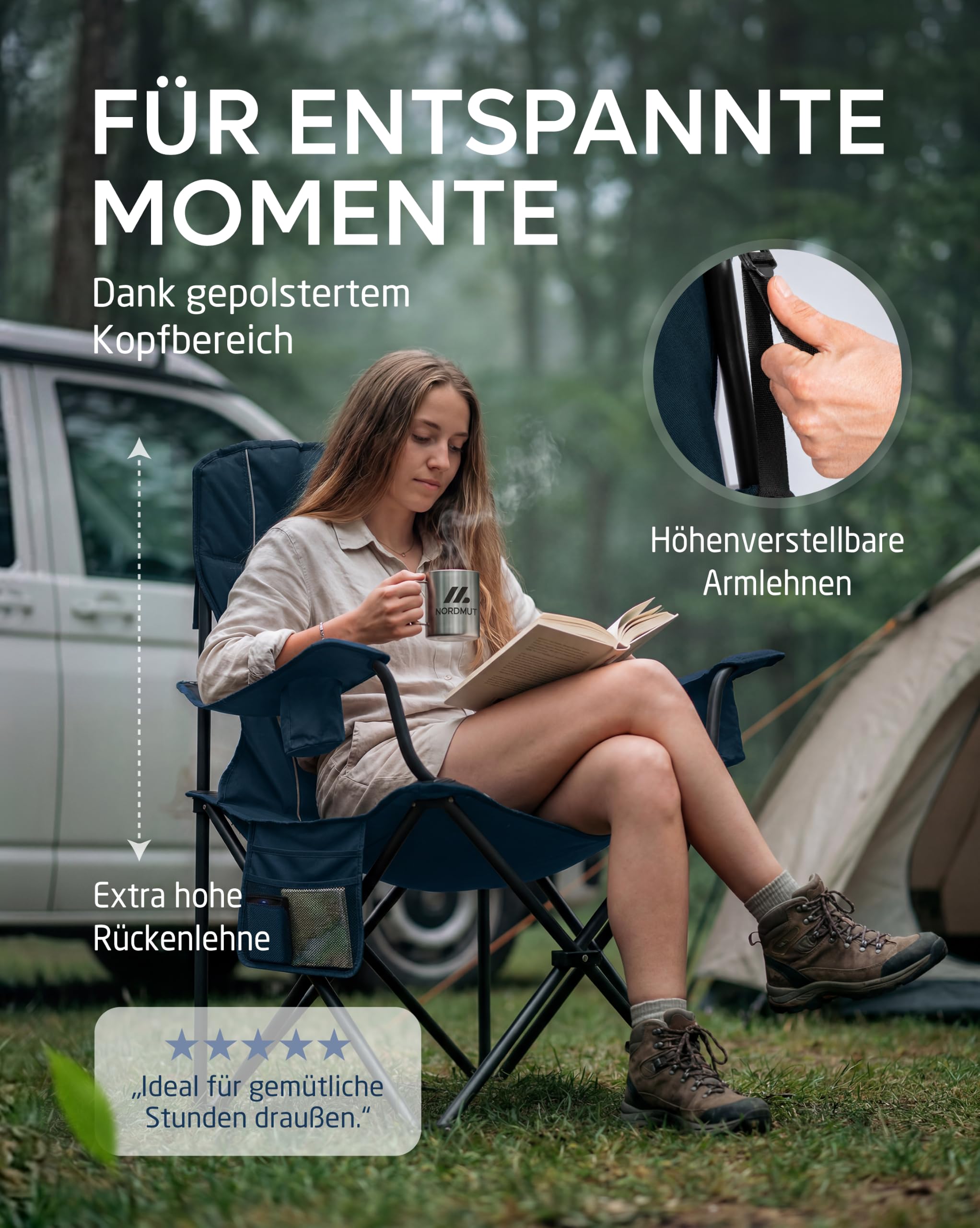 NORDMUT® Campingstuhl faltbar leicht – Stabiler Klappstuhl Camping 200 kg Belastung – bequemer Angelstuhl inkl. praktischer Kühltasche & Getränkehalter