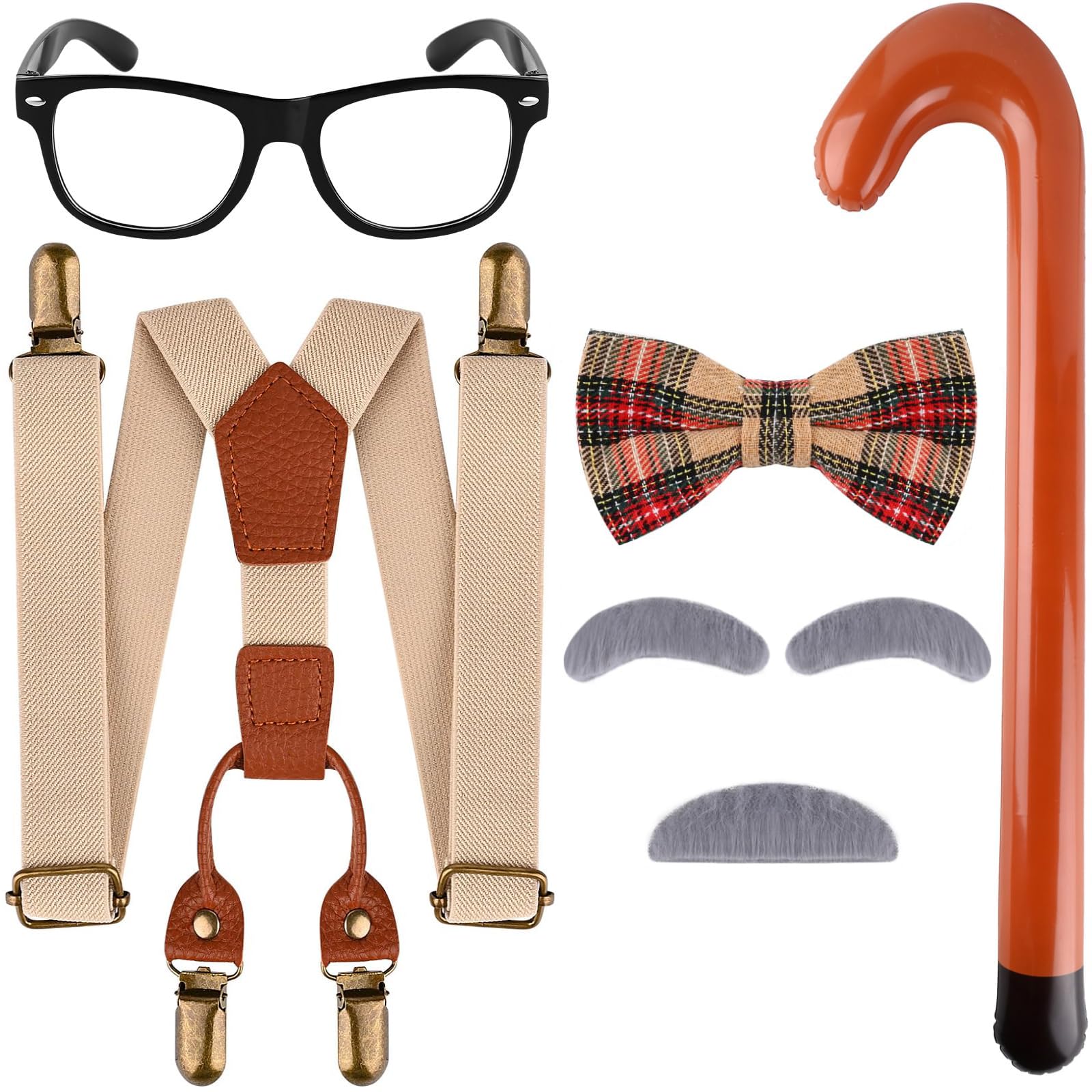 5 PCS Old Man Costume for Kids 100 Day of School Grandpa Accessories Include Glasses Suspenders Bow Tie Cane Mustache