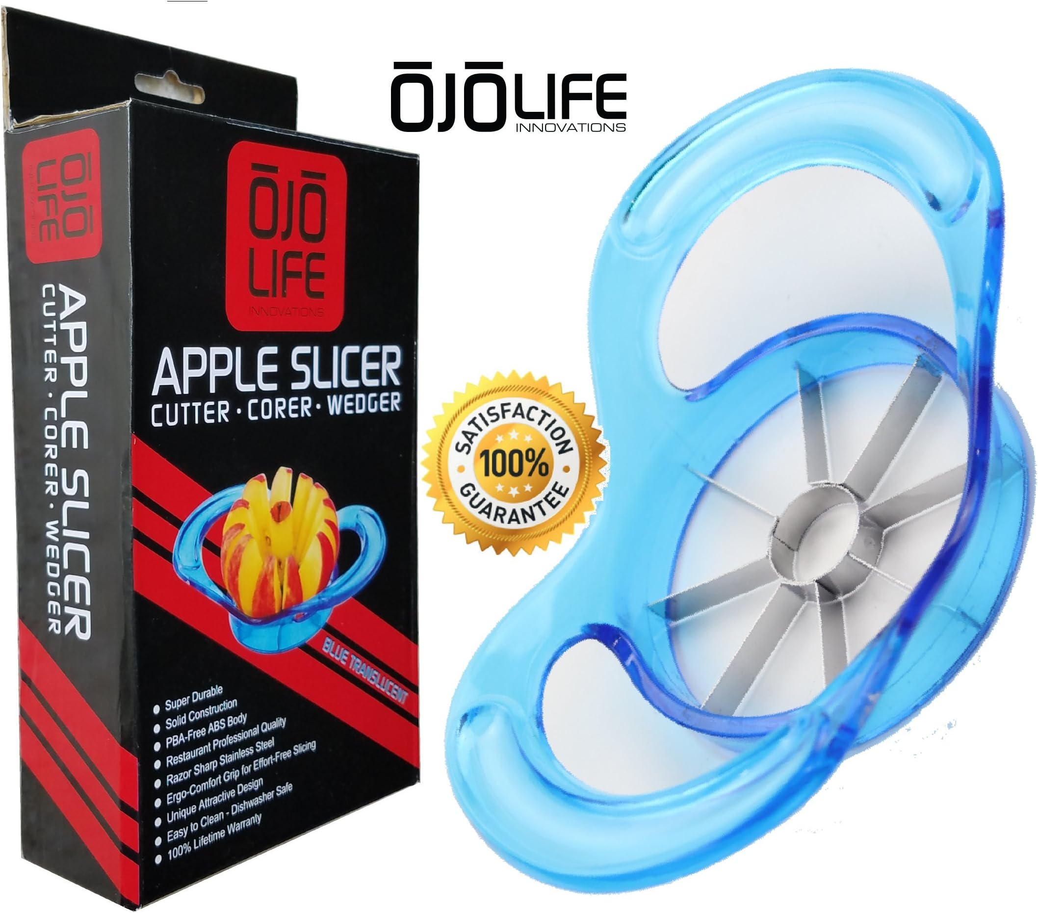 Super Durable Apple Slicer - Cutter - Corer - Wedger - Unique Translucent Blue - Multi Function Divider by OjoLife Innovations - Razor Sharp Stainless Steel Blades - PBA Free - Ergonomic Low Profile