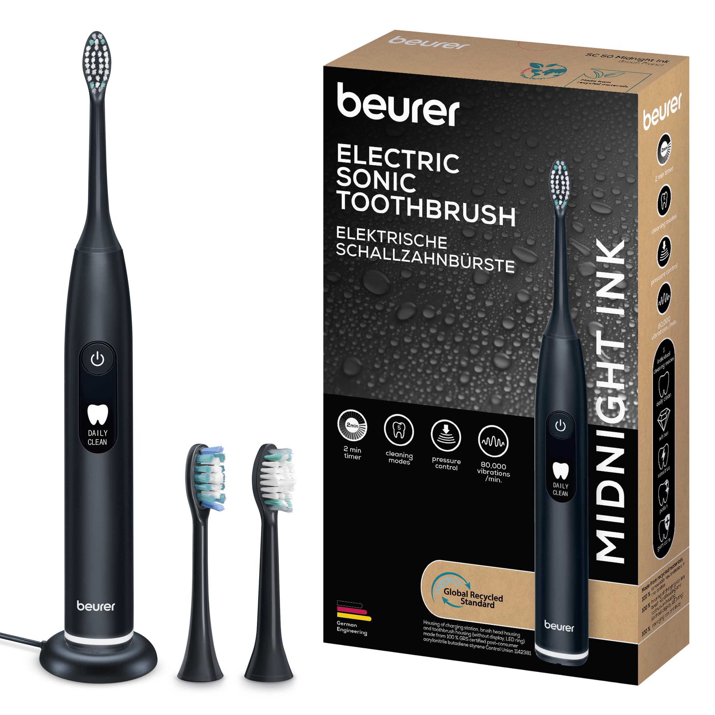 Beurer SC 50 Schallzahnbürste, elektrische Zahnbürste mit 5 Putzmodi & Andrucksensor, 80.000 Schwingungen, Display mit Putzdauer-Anzeige, inkl. 2 Aufsteckbürsten (Midnight Ink)