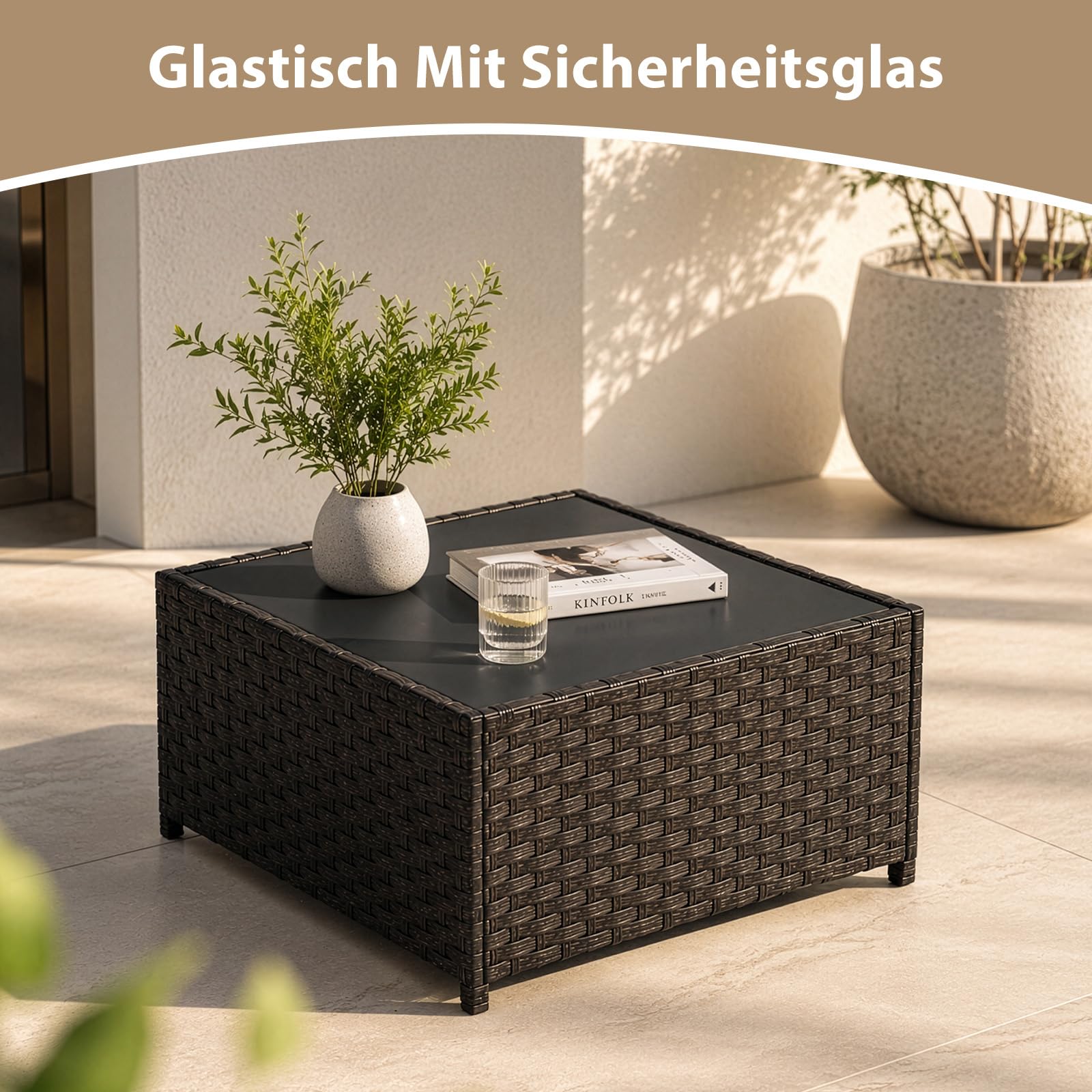 Polyrattan Gartenmöbel-Set Lounge für 3–4 Personen – Ecksofa Sitzgruppe mit Tisch & Hocker, wetterfeste Gartenmöbel-Sets für Balkon, Terrasse & Garten (Braun)