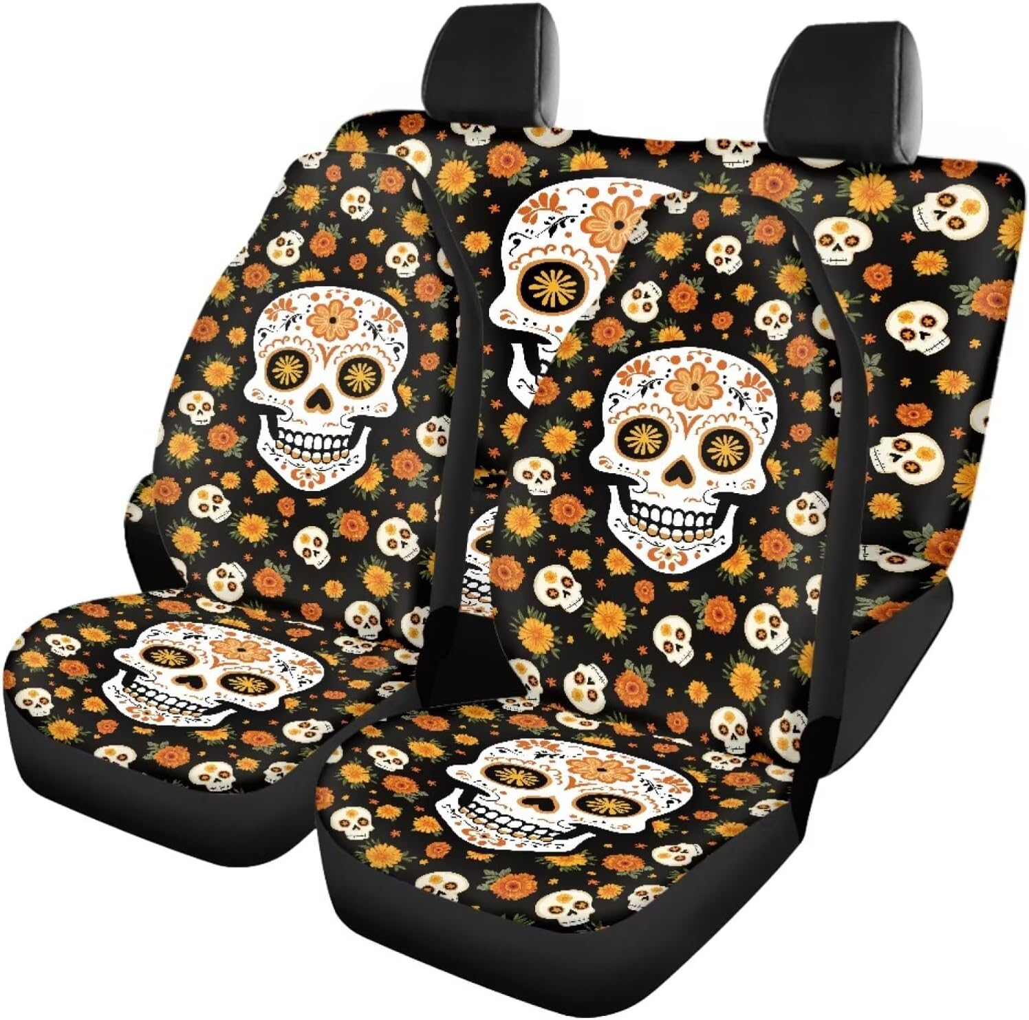 Skull Flower Print Car Seat Covers Full Set Front Automotive Seat Cover Rear Back Bench for Cars Elastic Soft Floral Auto Seat Protector Custom Car Accessories